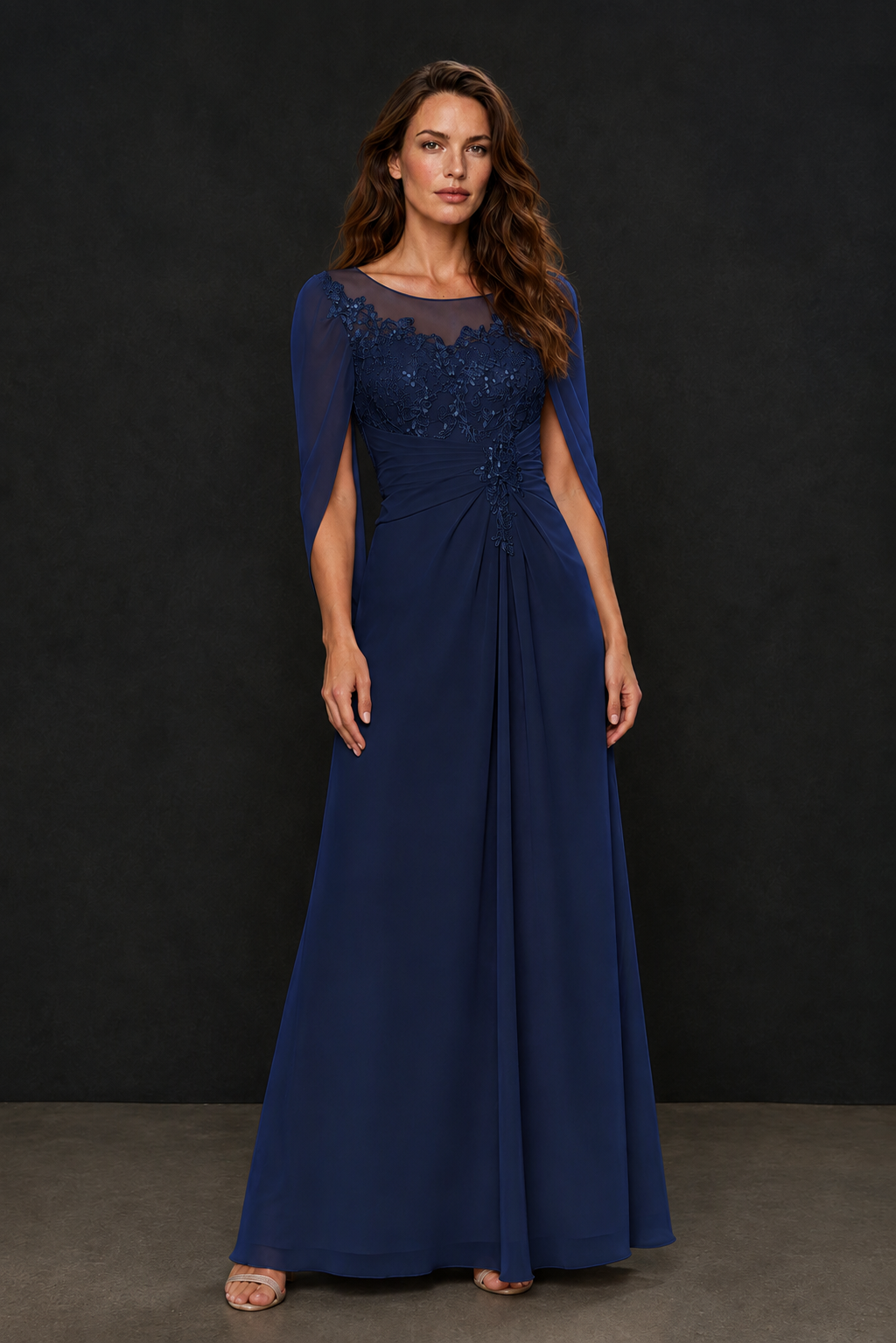BOLODOO Navy Blue Illusion Lace One-Side Cape Sleeve Beaded Chiffon Floor Length Gown | Mother of the Bride Evening Dress - Navy Blue