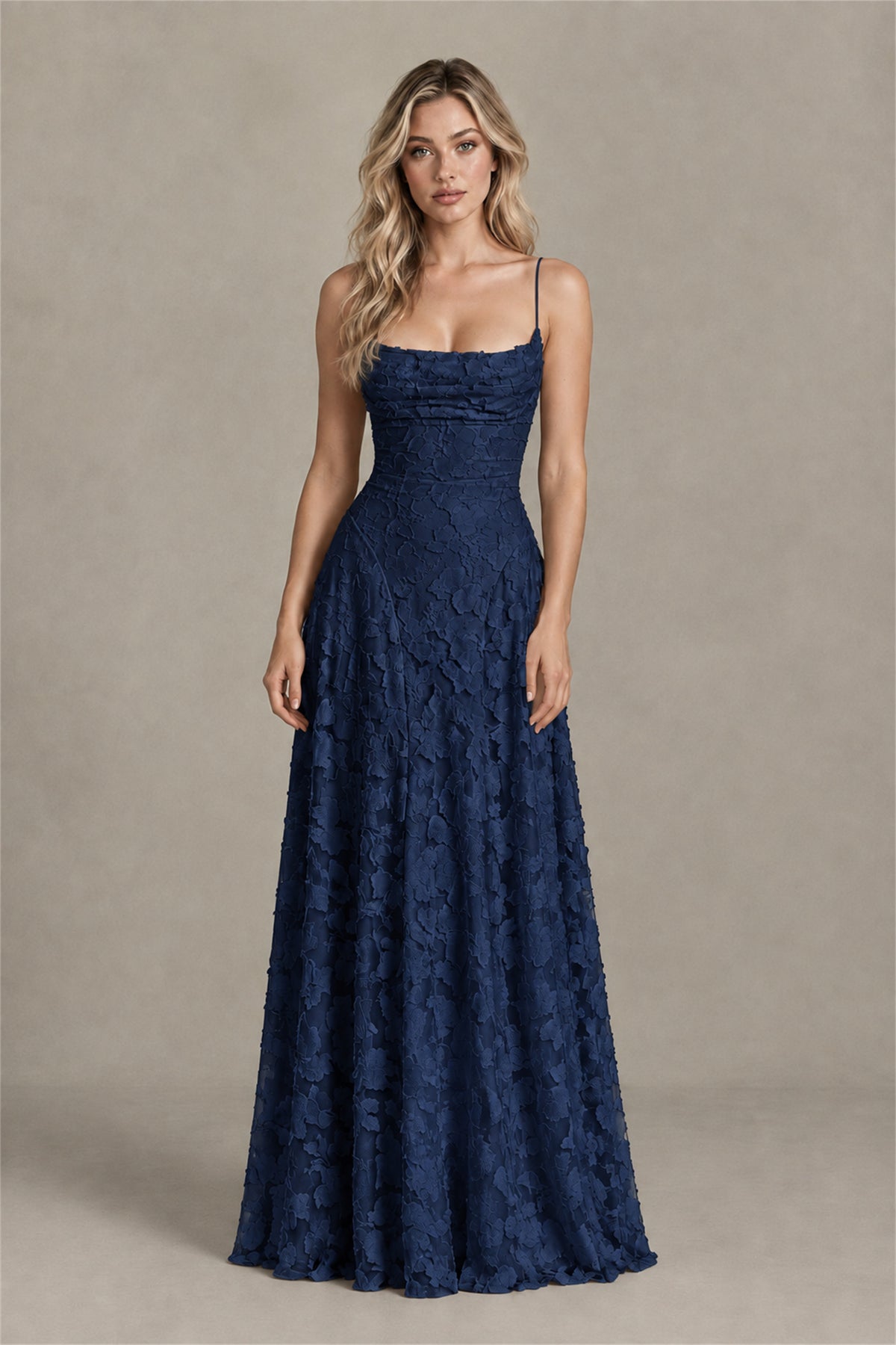 BOLODOO Navy Blue Floral Appliqué Lace-Up Back Maxi Dress - Navy Blue