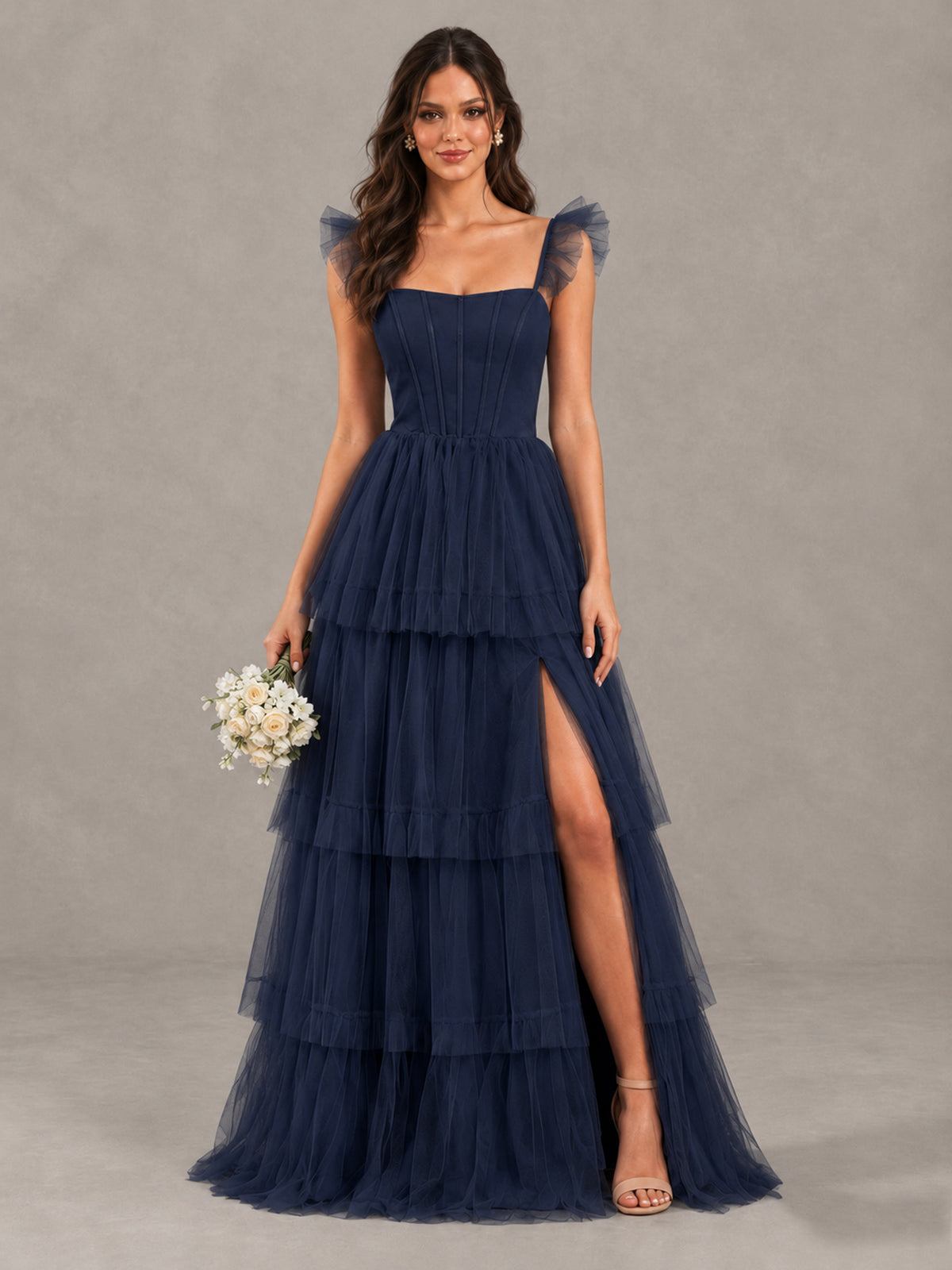 BOLODOO Navy Blue Tiered Tulle Bridesmaid Dress with Slit - Navy Blue - Navy Blue (1)