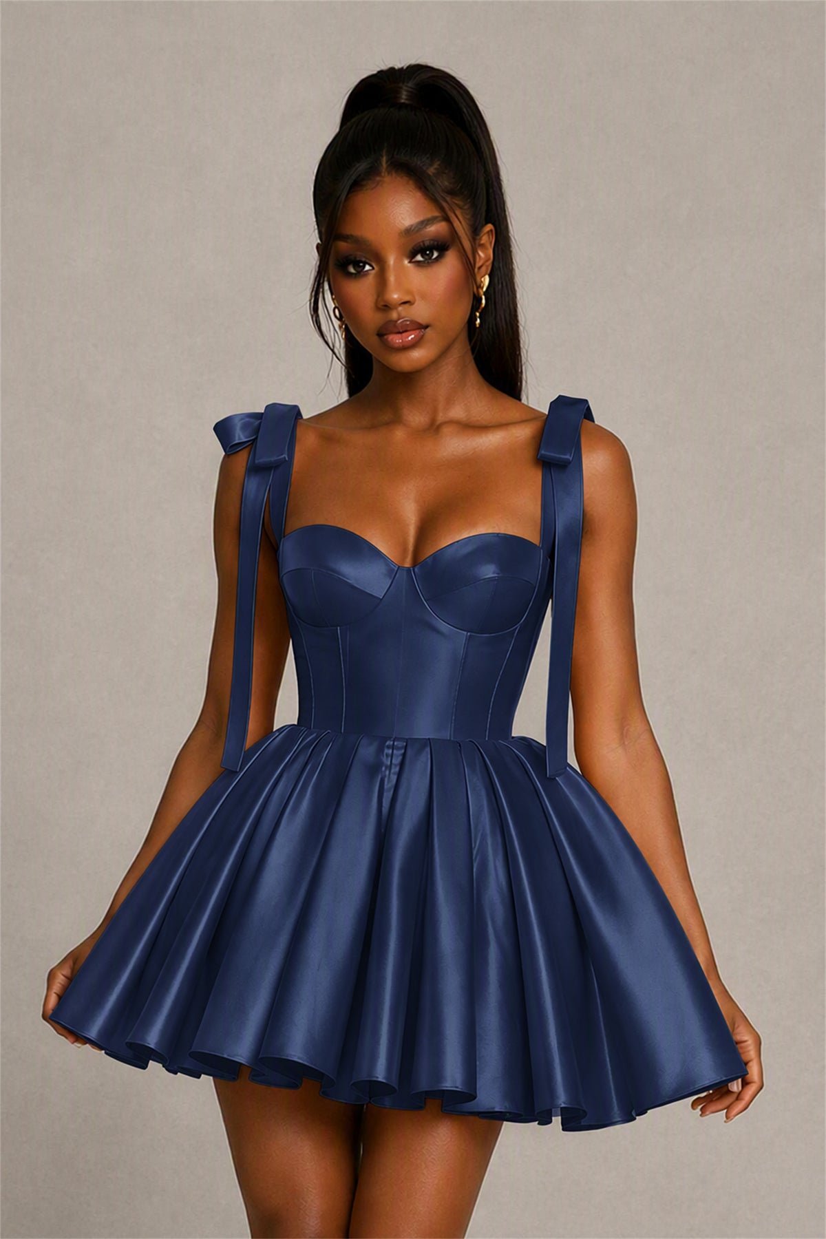 BOLODOO Navy Blue Satin Sweetheart Corset Bow Strap Lace-Up Open Back Full Skirt Mini Dress | Prom Cocktail Party Dress - Navy Blue
