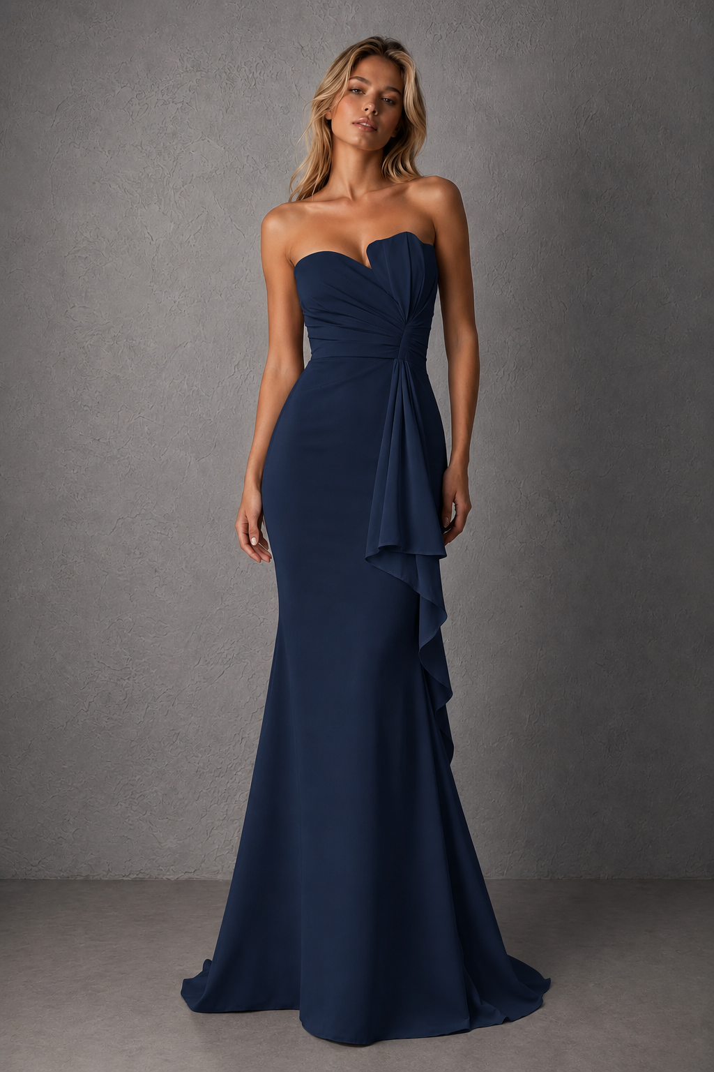 BOLODOO Navy Blue Strapless Sweetheart Ruched Mermaid Gown | Cascade Drape Formal Evening Dress - Navy Blue