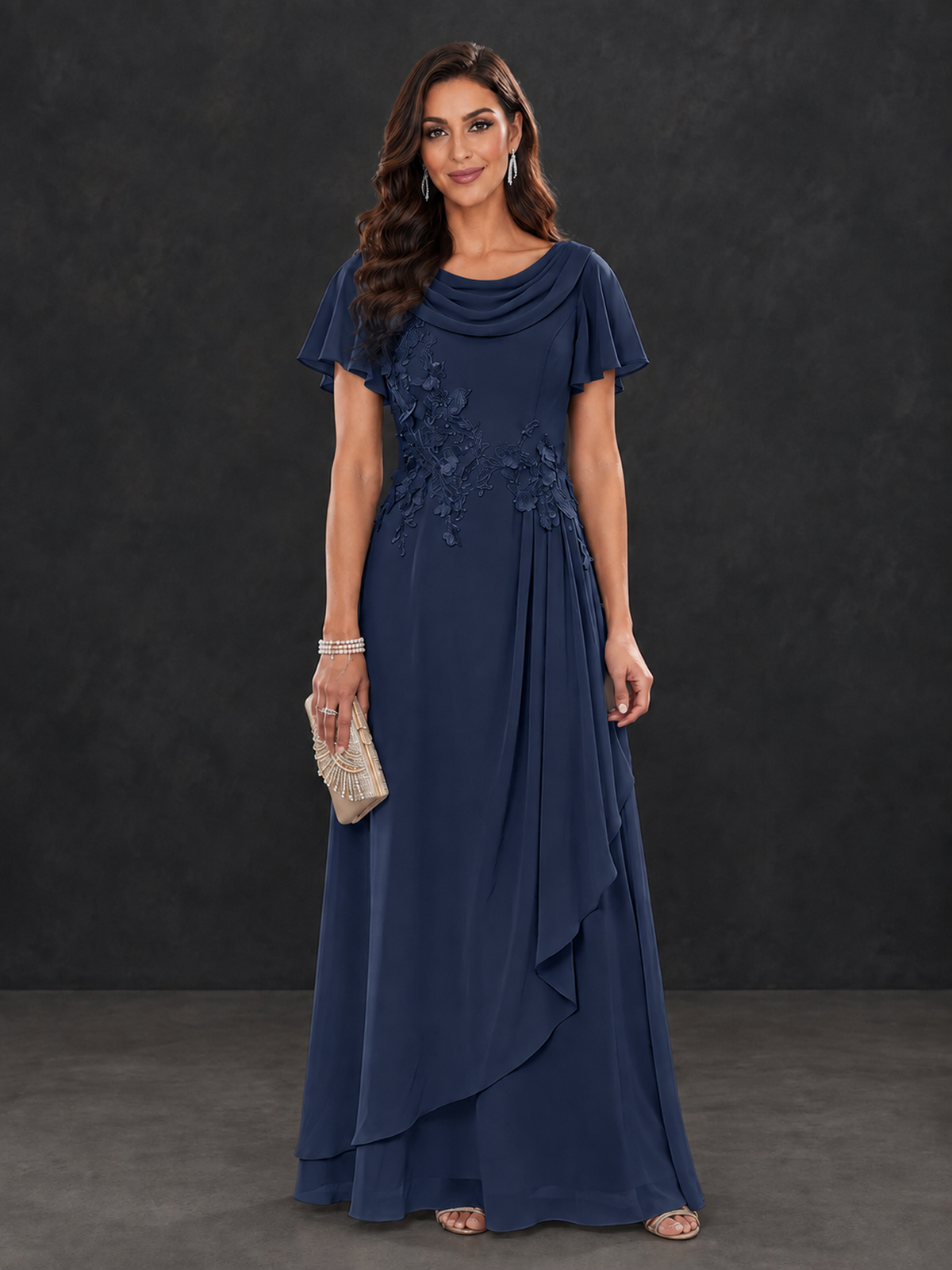 BOLODOO Navy Blue Floral Flutter Sleeve Mother of the Bride Dress - Navy Blue