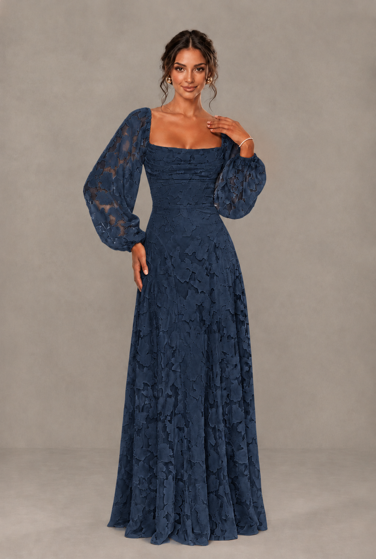 BOLODOO Floral Navy Blue Long Sleeve A-Line Dress with Lace-Up Back - Navy Blue
