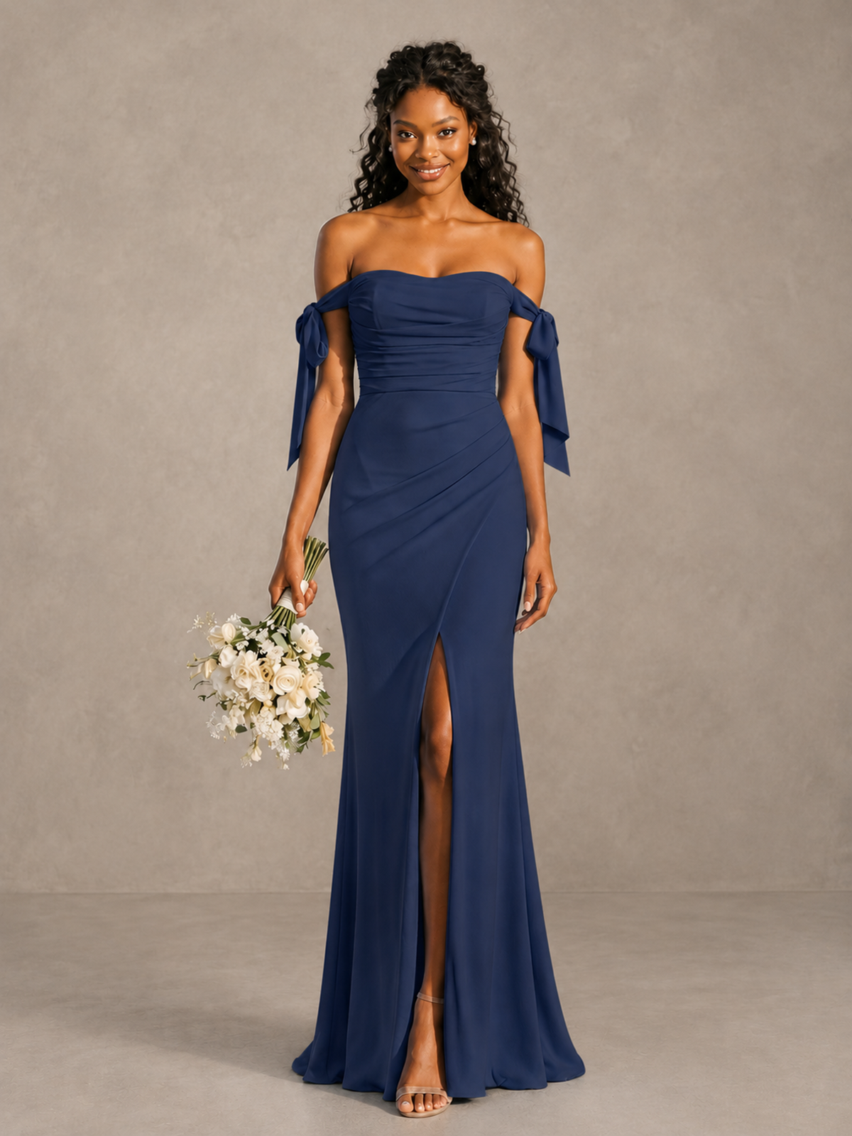 Navy Blue Off-Shoulder Bow Bridesmaid Dress with Slit - Navy Blue - Navy Blue (1)