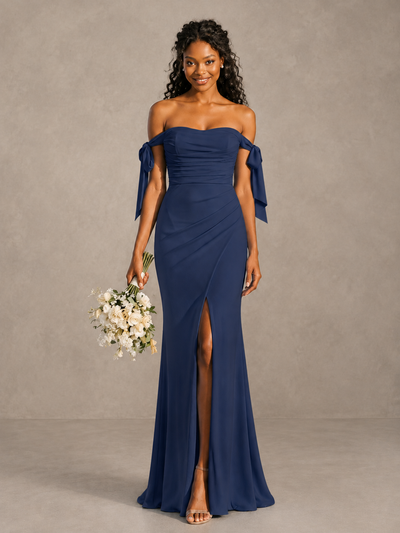Navy Blue Off-Shoulder Bow Bridesmaid Dress with Slit - Navy Blue - Navy Blue (1)