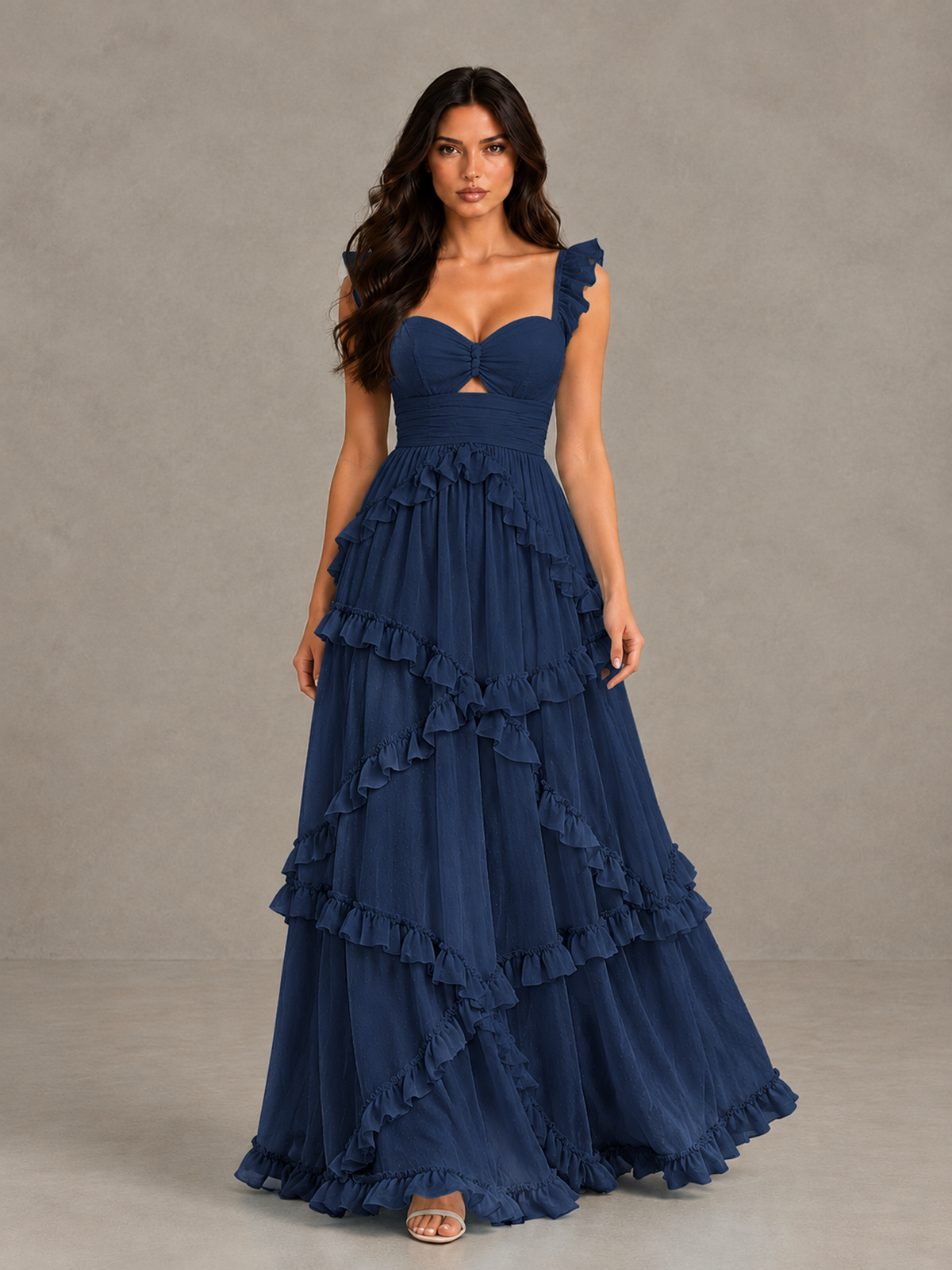 Navy Blue Ruffle A-Line Prom Dress, Open Back | BOLODOO