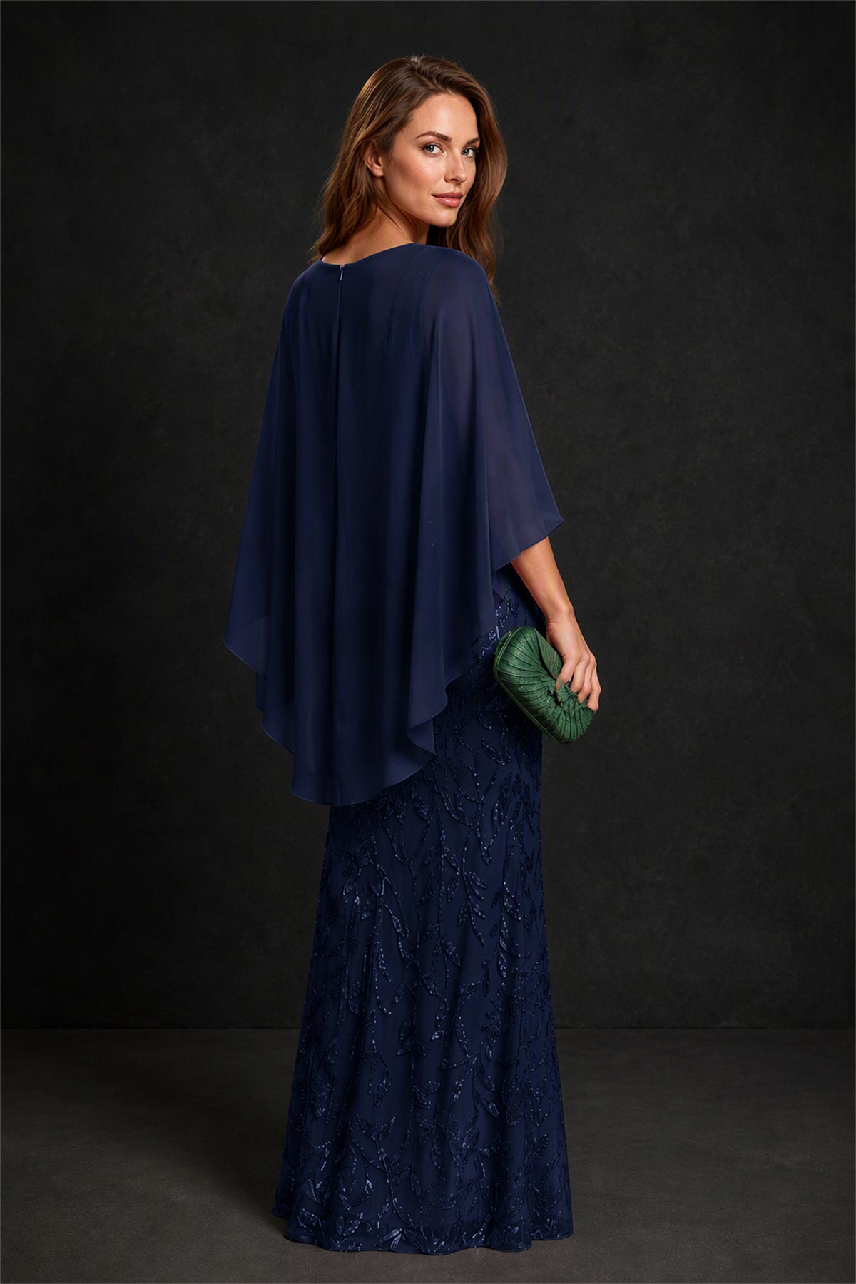 BOLODOO Navy Blue Round Neck Chiffon Cape Overlay Sequin Lace Mermaid Maxi Dress - Navy Blue