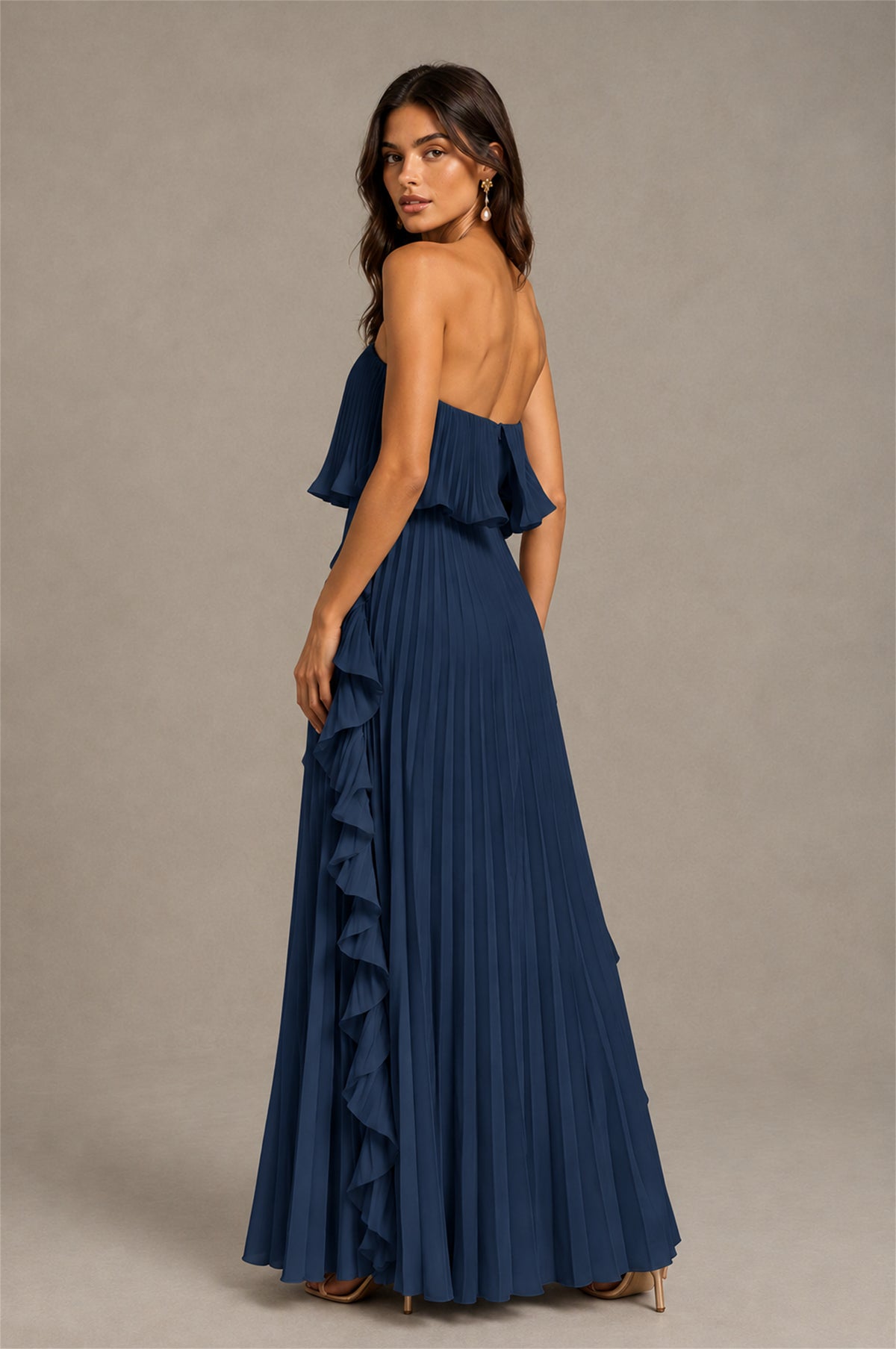 BOLODOO Navy Blue Strapless Ruffle Bodice Dual Cascading Ruffle Accordion Pleated Chiffon Maxi Dress - Navy Blue