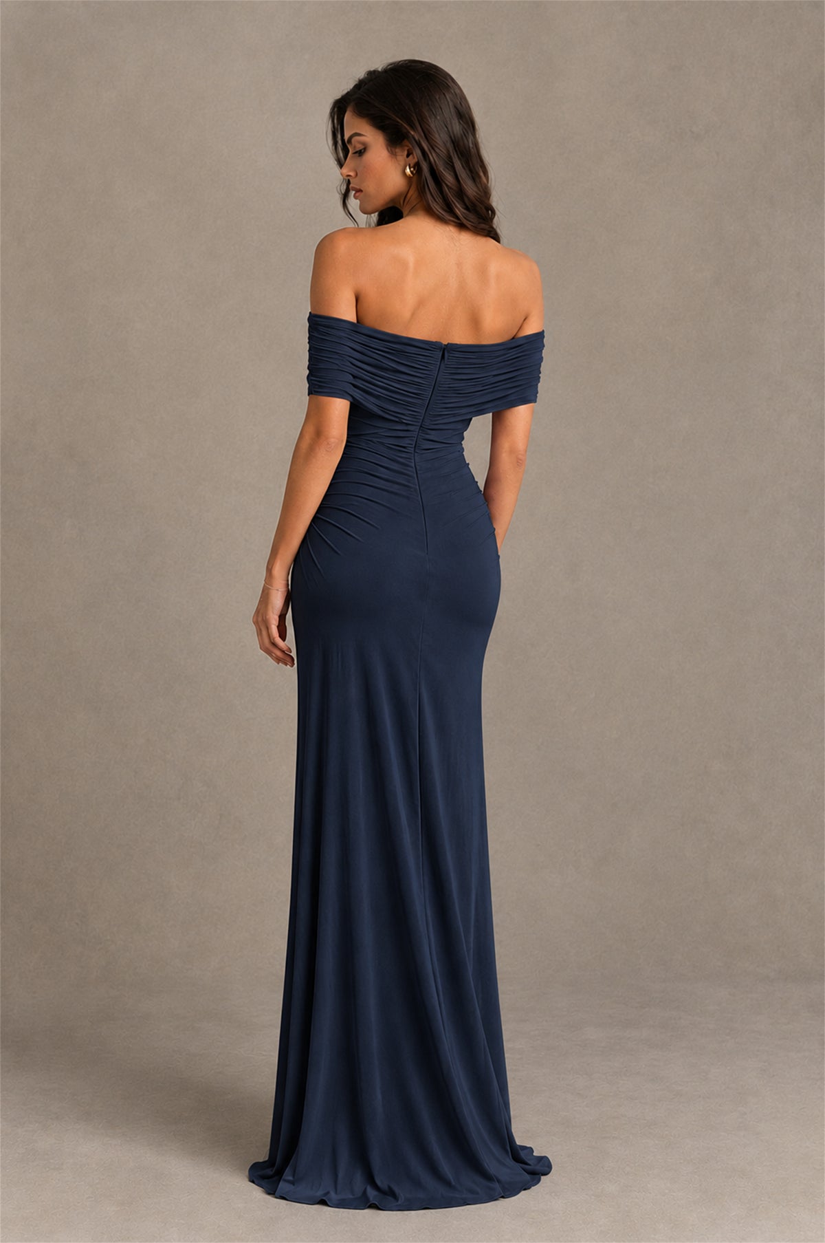 BOLODOO Navy Blue Off-Shoulder Ruched Maxi Dress - Navy Blue