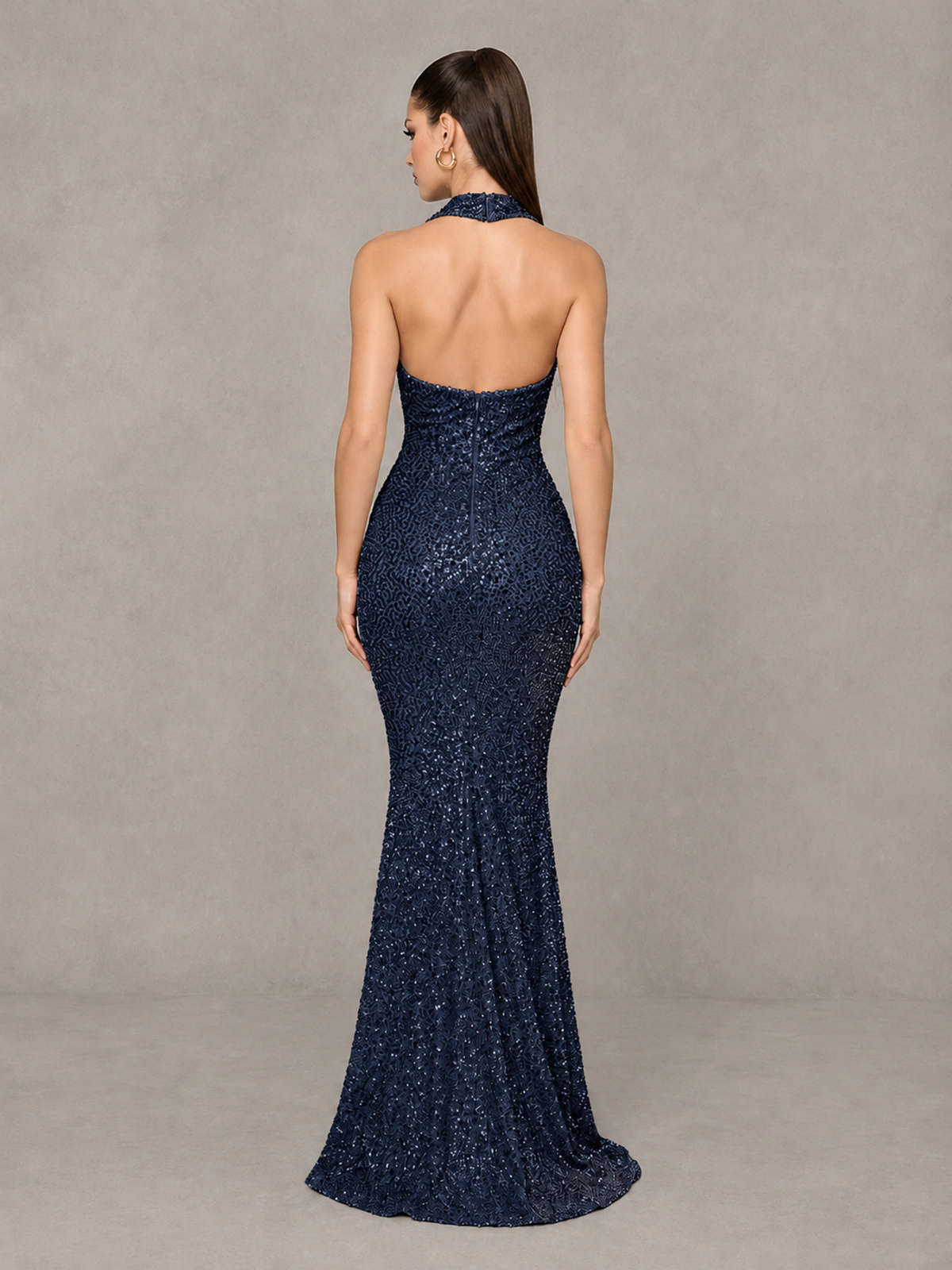 BOLODOO Navy Blue Sequin Halter Mermaid Evening Gown - Navy Blue - Navy Blue (2)