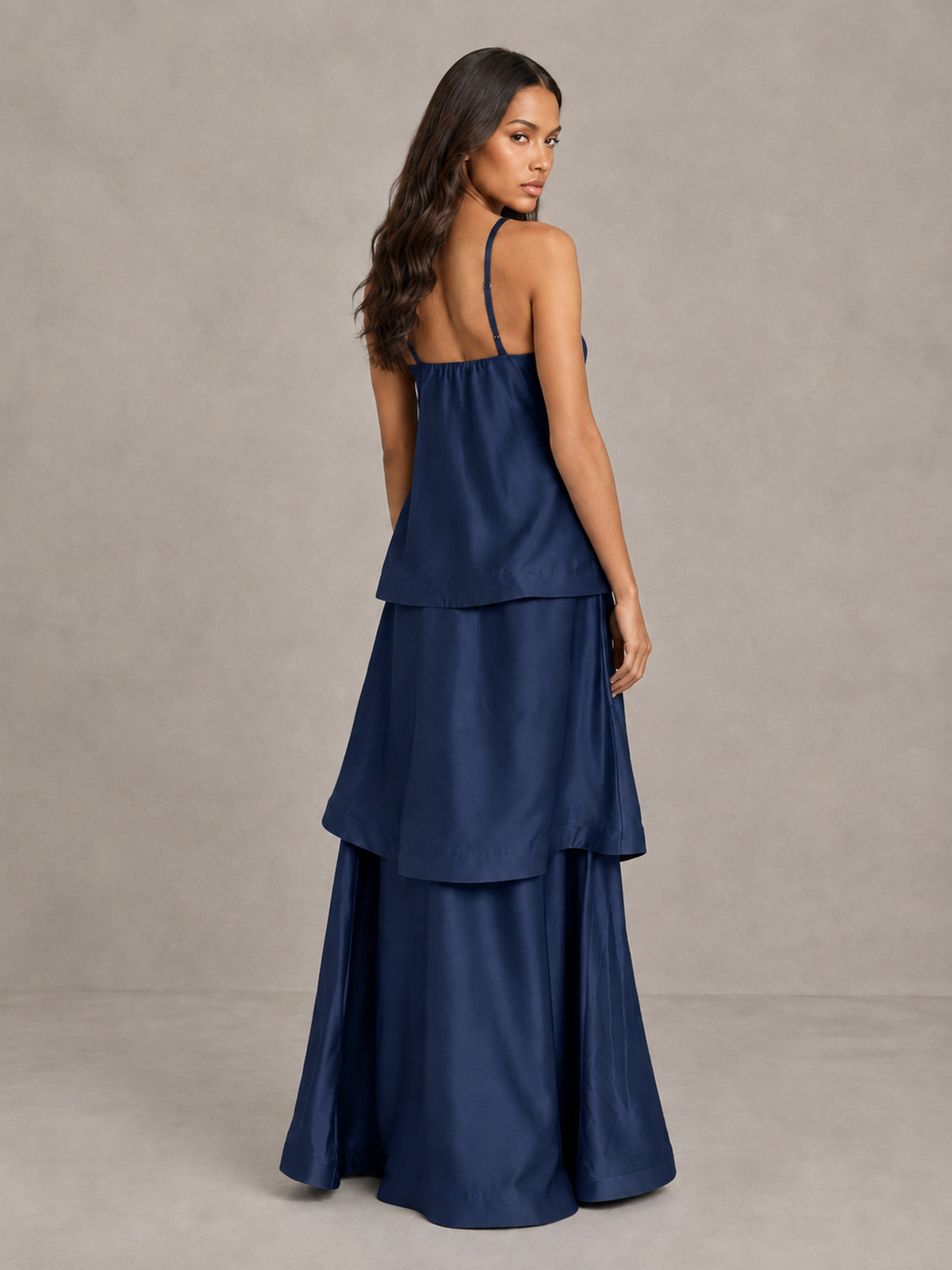 BOLODOO Navy Blue Satin Tiered Maxi Dress with Spaghetti Straps - Navy Blue