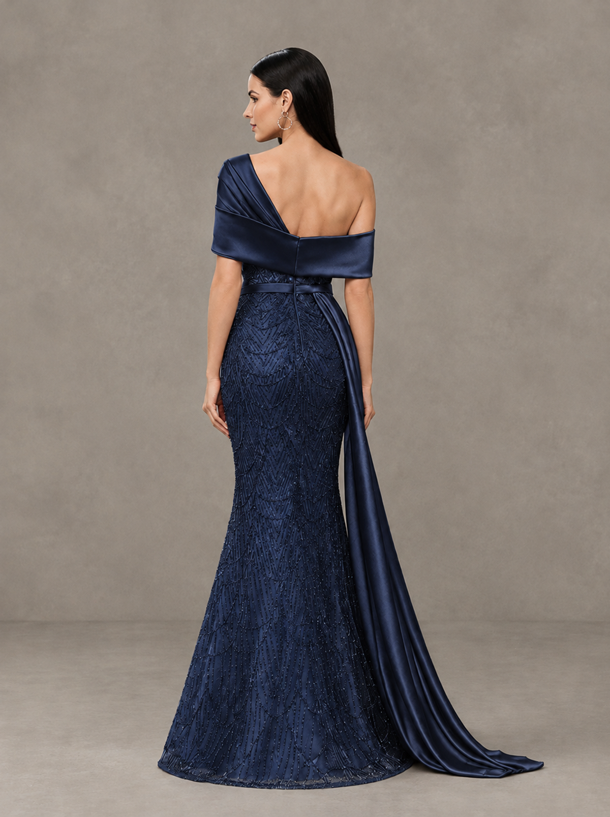 BOLODOO Navy Blue Asymmetric Draped Mermaid Evening Gown with Train - Navy Blue - Navy Blue (2)