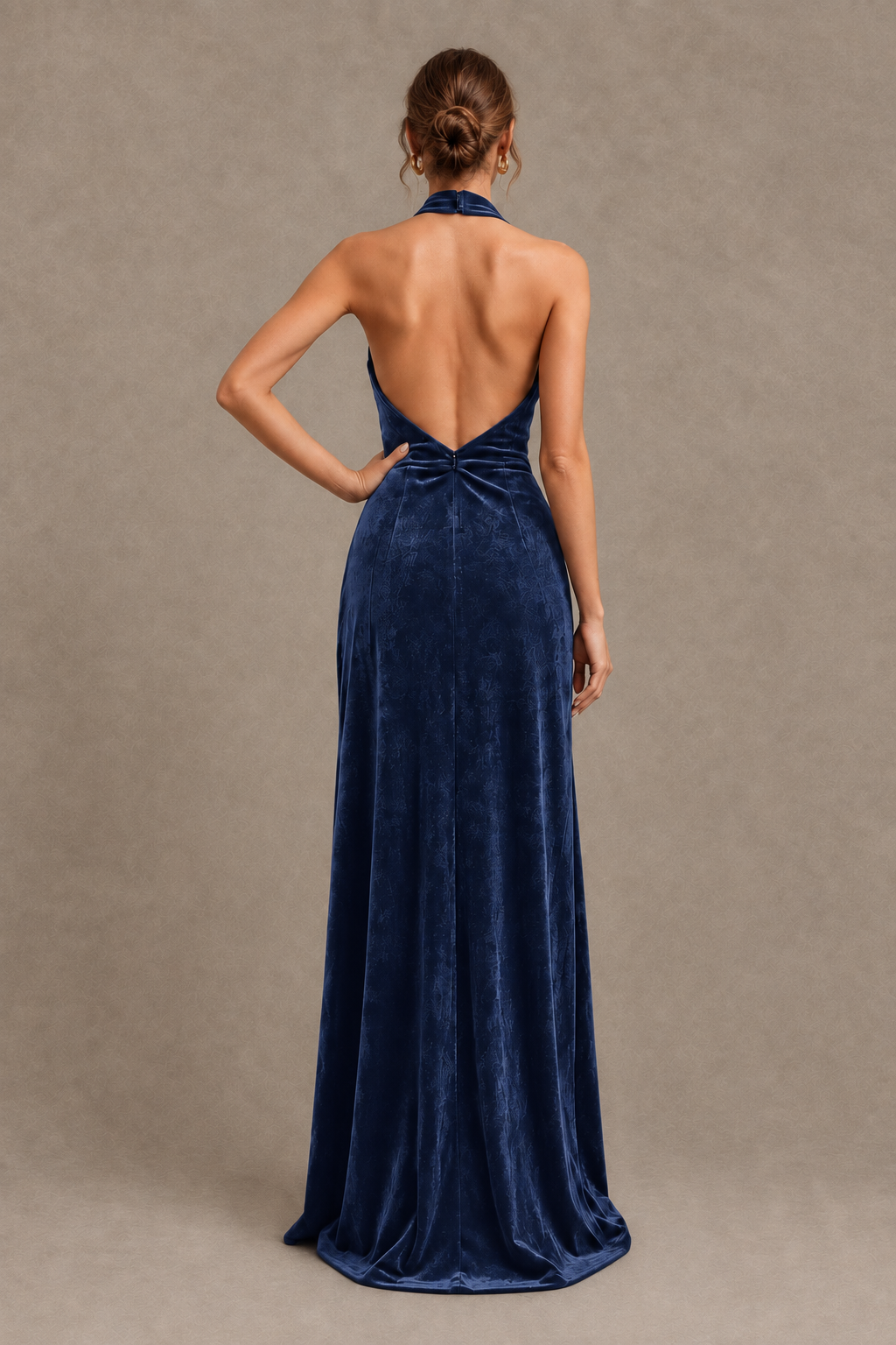 BOLODOO Navy Blue Velvet Halter Neck Open Back Evening Gown - Navy Blue