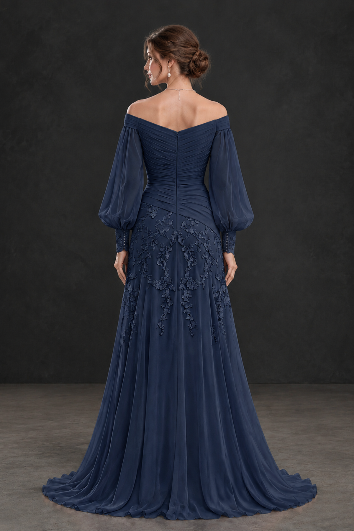 BOLODOO Navy Blue Long Sleeve Mother of the Bride Dress with Floral Appliqués - Navy Blue - Navy Blue (2)
