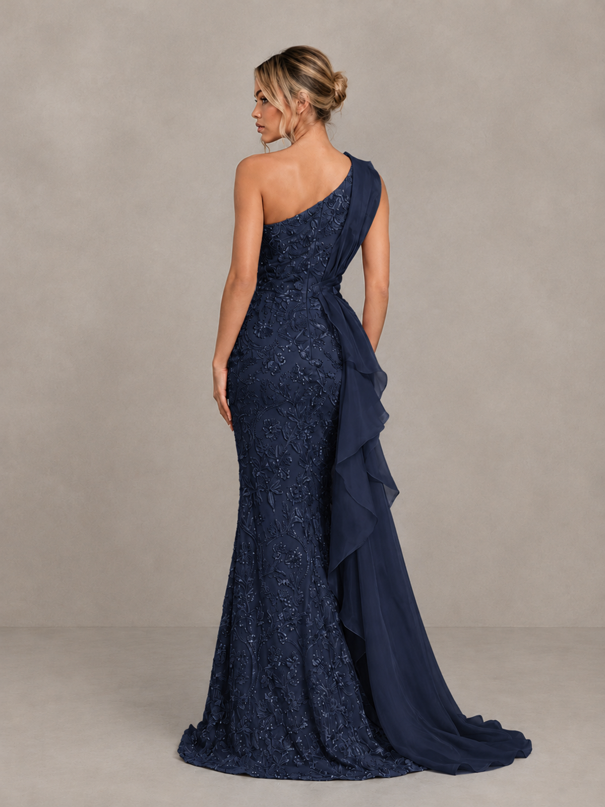 BOLODOO Navy Blue One-Shoulder Floral Lace Evening Gown with High Slit - Navy Blue - Navy Blue (2)