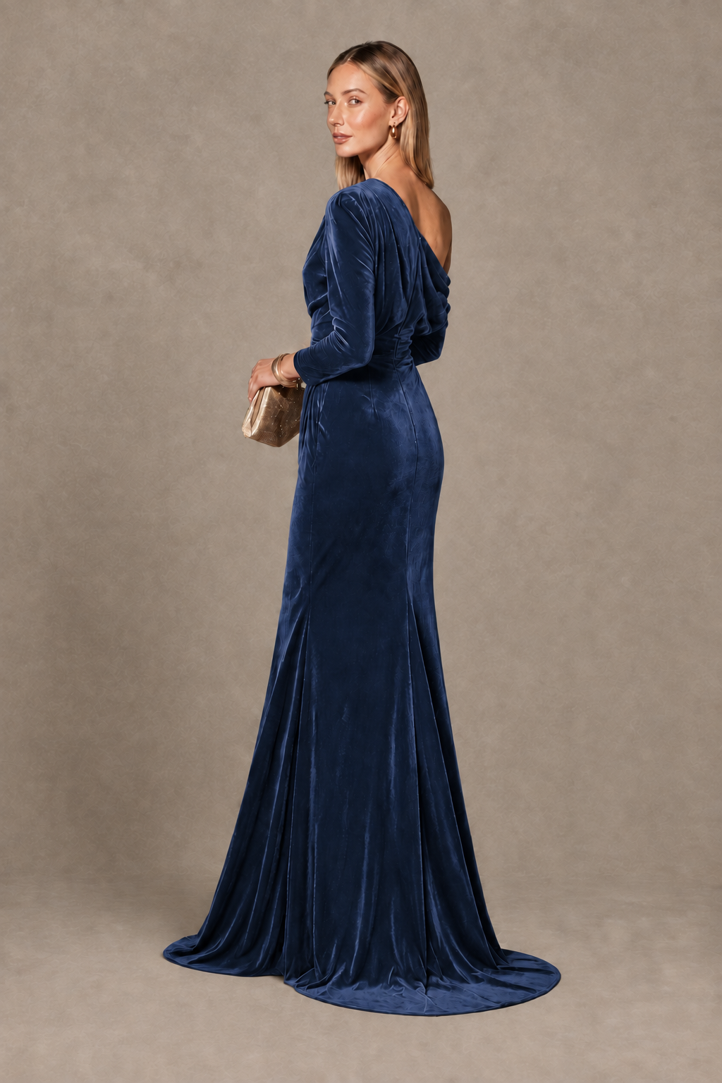 BOLODOO Navy Blue Velvet One-Shoulder Long Sleeve Evening Gown - Navy Blue