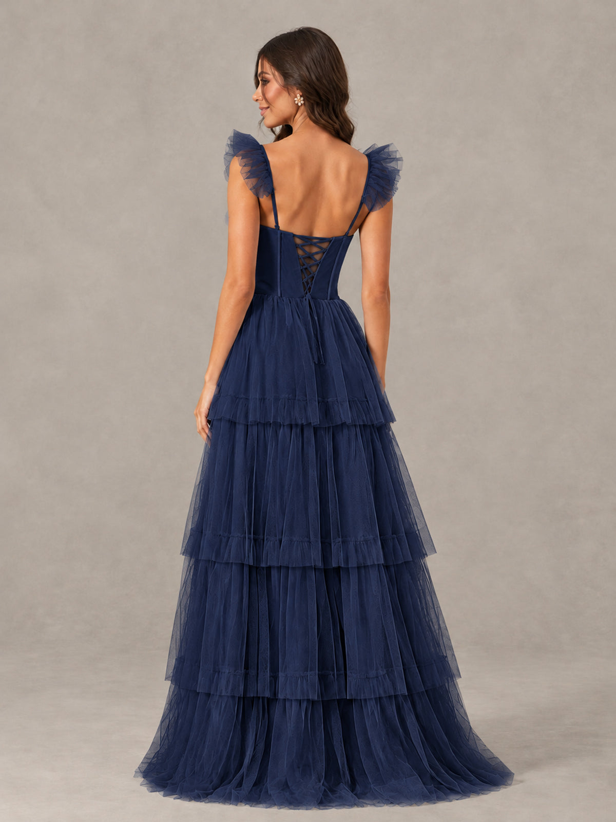 BOLODOO Navy Blue Tiered Tulle Bridesmaid Dress with Slit - Navy Blue - Navy Blue (2)
