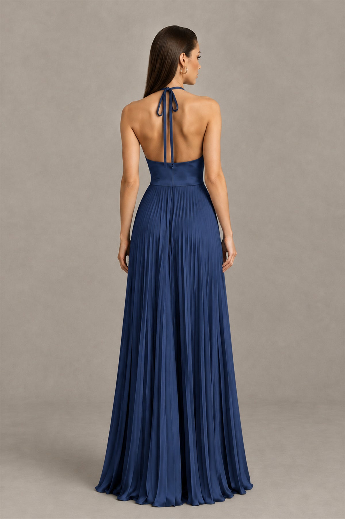 BOLODOO Navy Blue Halter Pleated A-Line Evening Dress - Navy Blue