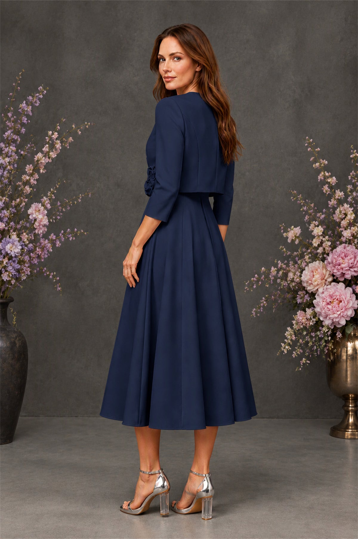 BOLODOO Navy Blue 3D Rosette Appliqué 3/4 Sleeve Jacket & V-Notch Sleeveless A-Line Tea-Length Two-Piece Dress Set - Navy Blue