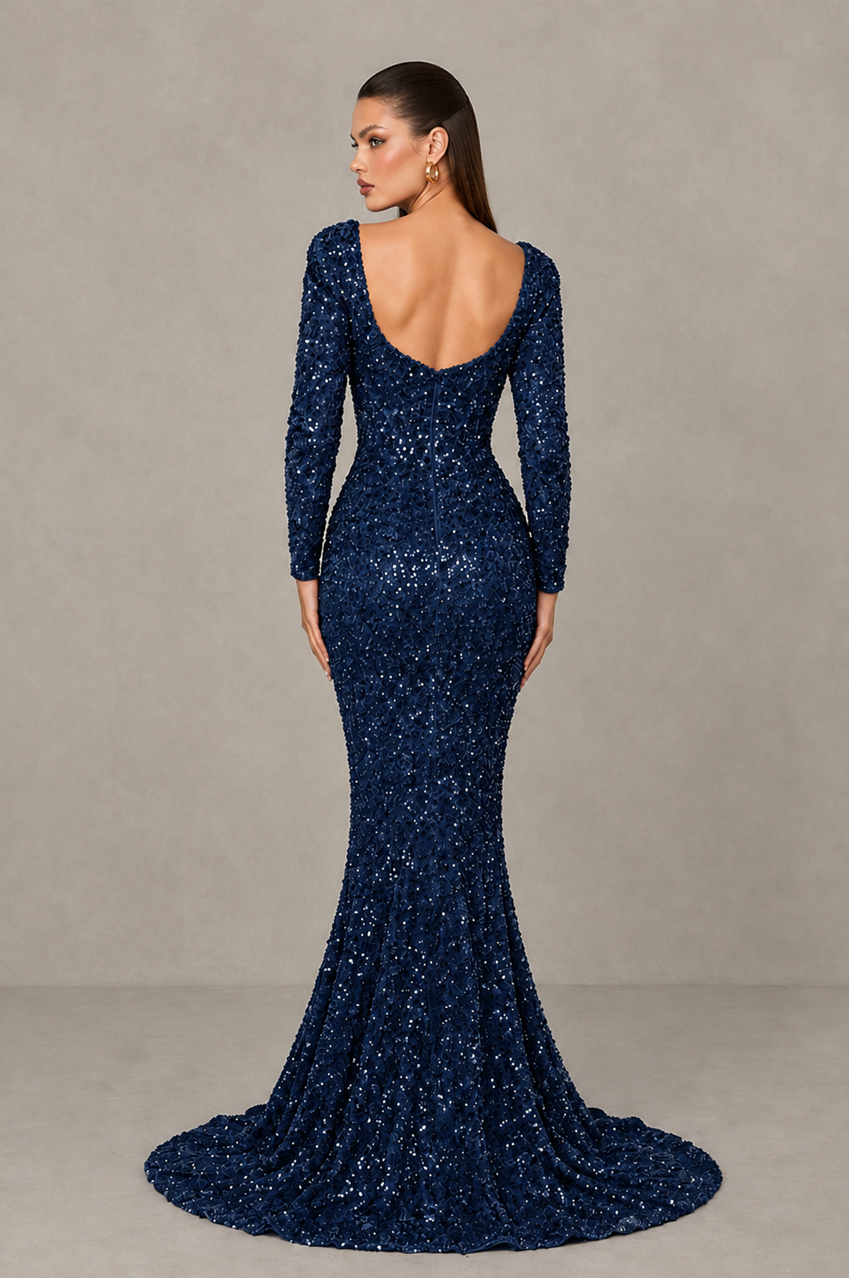 BOLODOO Navy Blue Sequin Long Sleeve Evening Gown with High Slit - Navy Blue - Navy Blue (2)