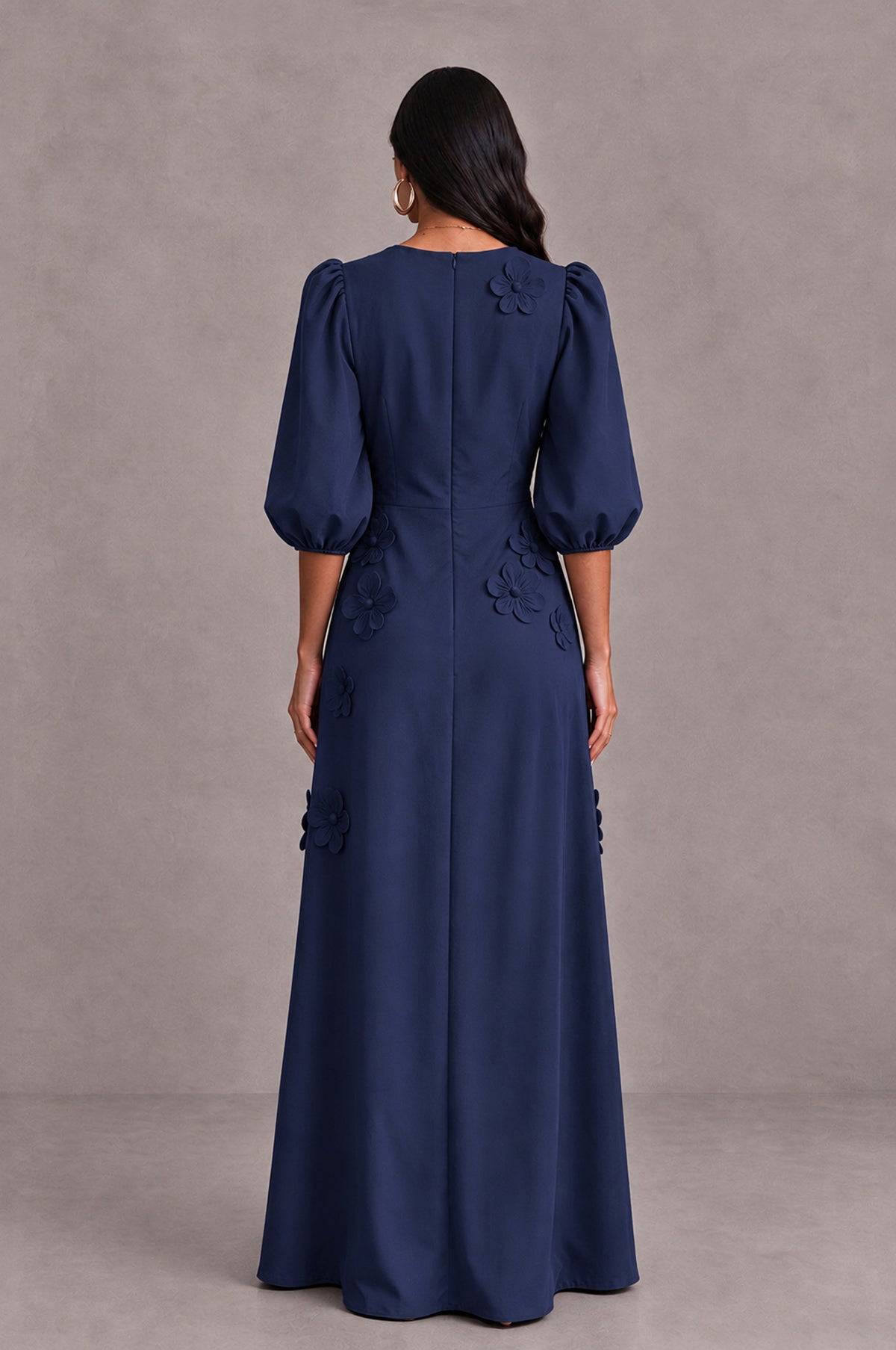 BOLODOO Navy Blue Floral Applique Puff Sleeve A-Line Evening Dress - Navy Blue - Navy Blue (2)