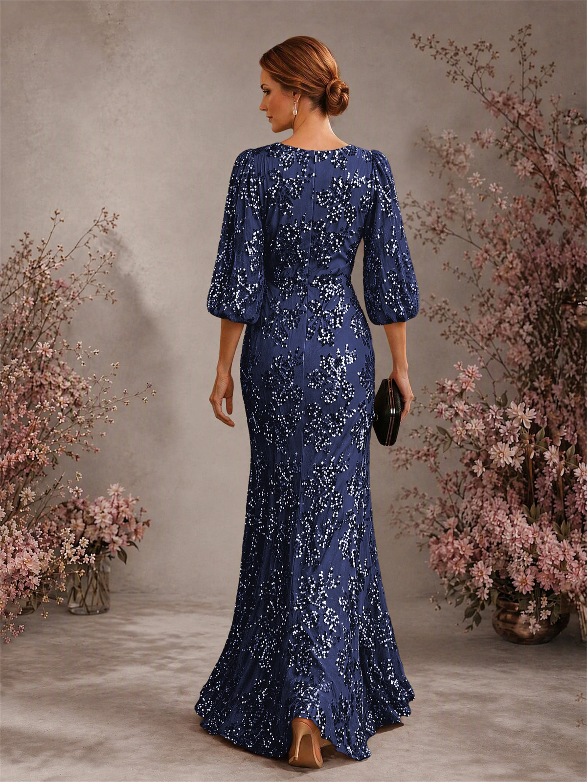 BOLODOO Navy Blue V-Neck Lantern Sleeve All-Over Sequin Floral Embroidered Mermaid Gown - Navy Blue