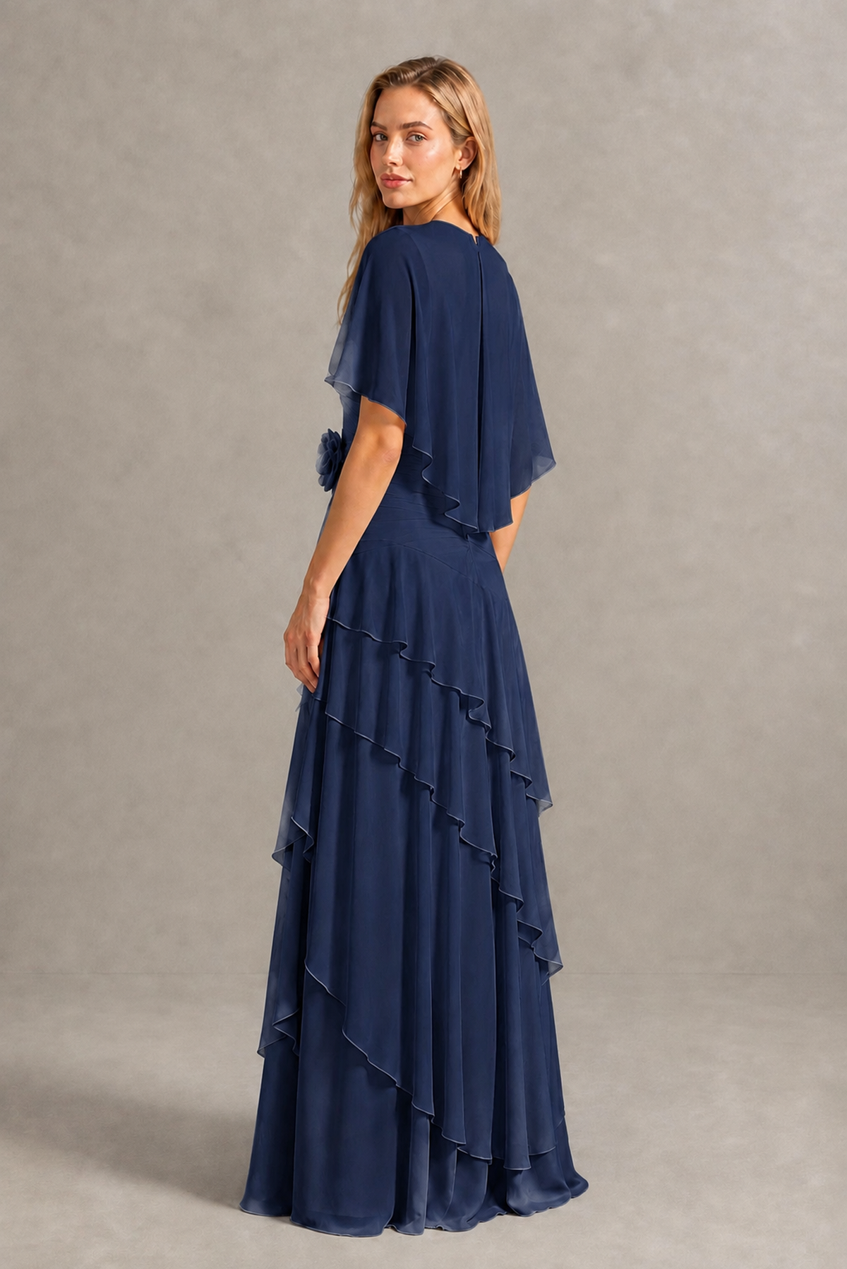 BOLODOO Navy Blue Chiffon Flutter Sleeve Tiered Maxi Dress with 3D Rosette - Navy Blue