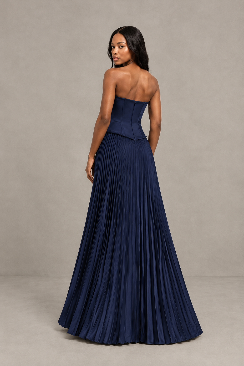 BOLODOO Navy Blue Strapless Pleated Satin Evening Prom Dress - Navy Blue