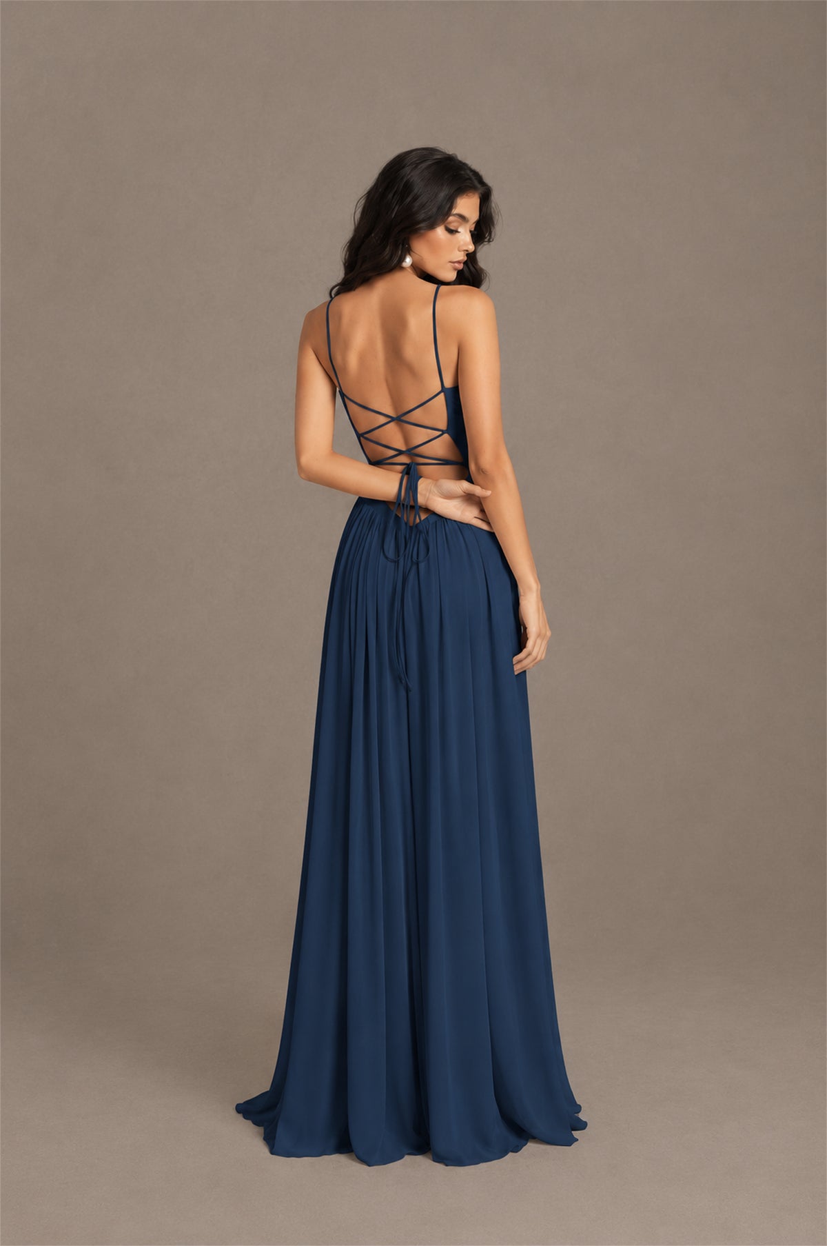 BOLODOO Navy Blue Spaghetti Strap Square Neck Ruched Chiffon Maxi Dress with Lace-Up Back - Navy Blue