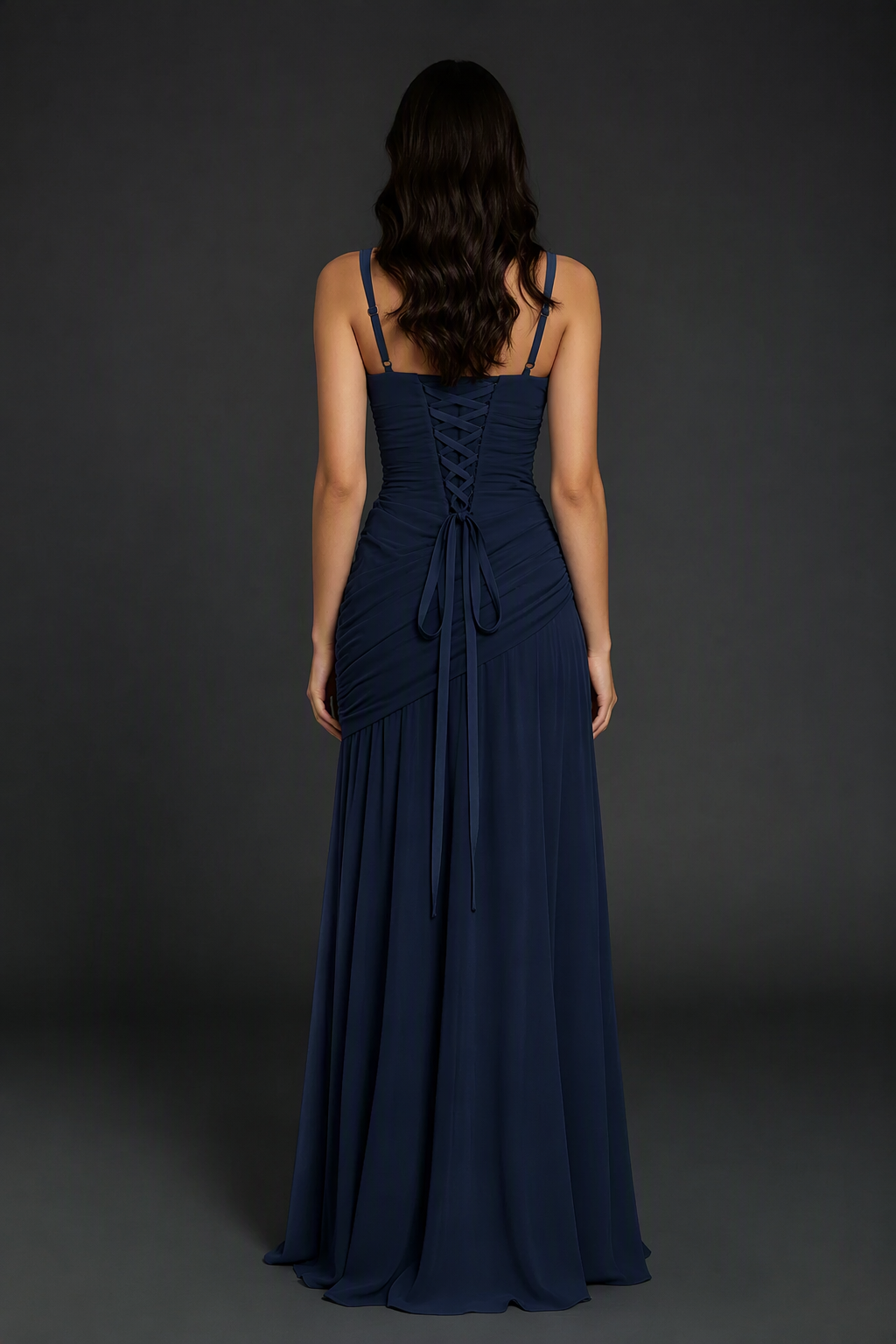 BOLODOO Navy Blue Spaghetti Strap Ruched Maxi Dress – Formal Evening Gown with Slit - Navy Blue