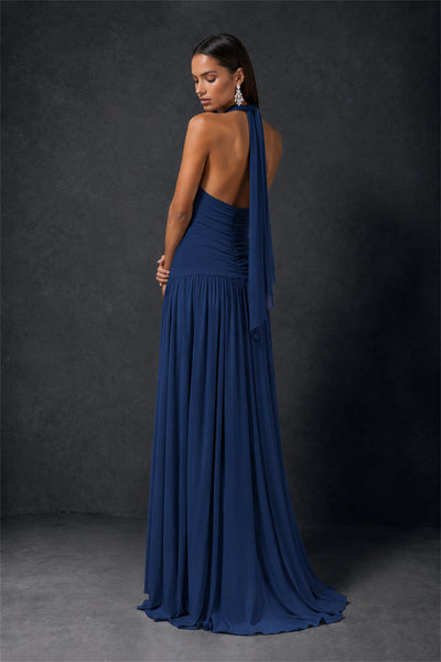 BOLODOO Navy Blue Halter Deep V-Neck Ruched Chiffon Open Back Maxi Dress with Draped Neck Tie - Navy Blue