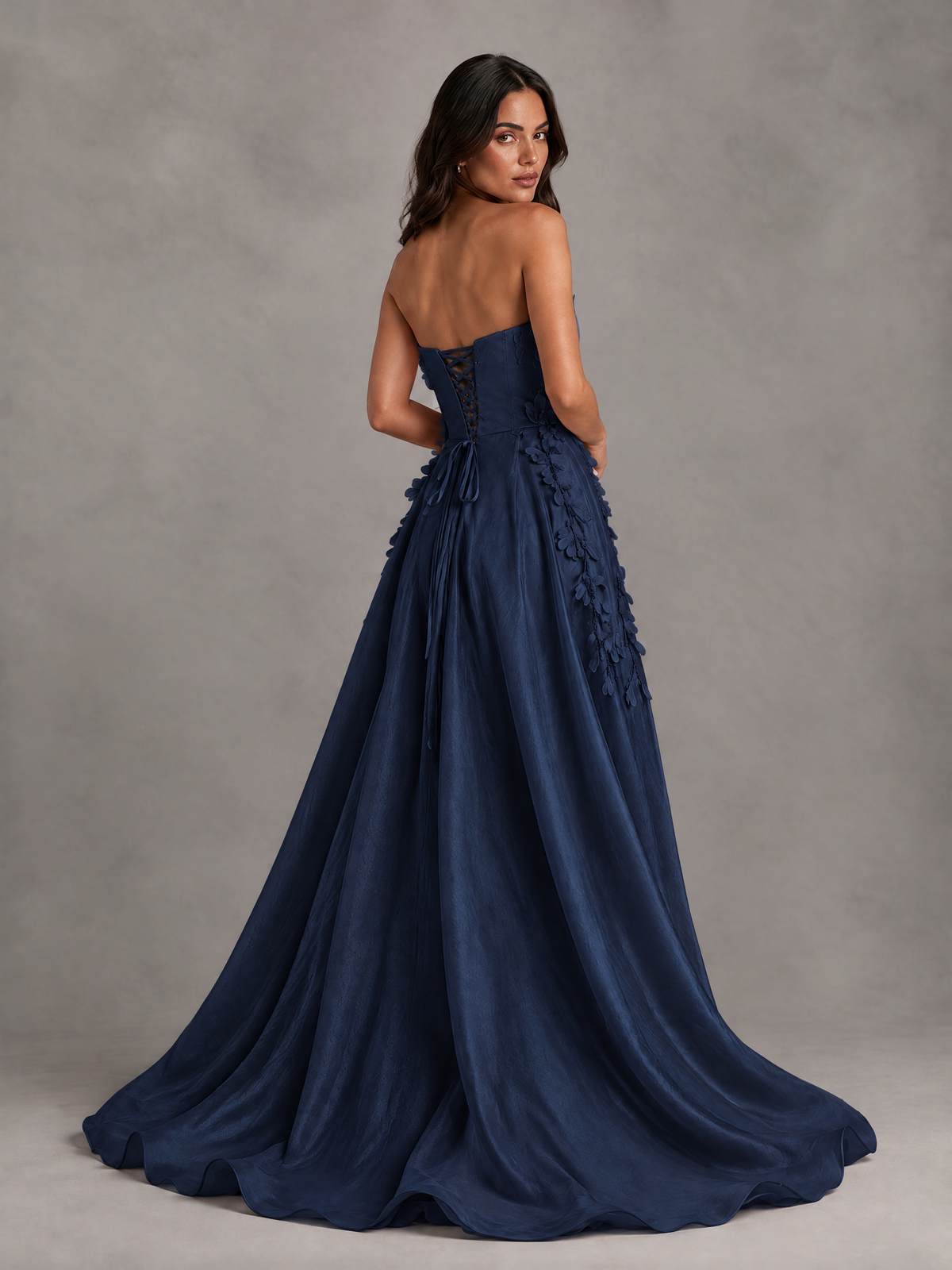 BOLODOO Navy Blue Strapless Floral Applique Prom Dress with Overskirt - Navy Blue - Navy Blue (2)