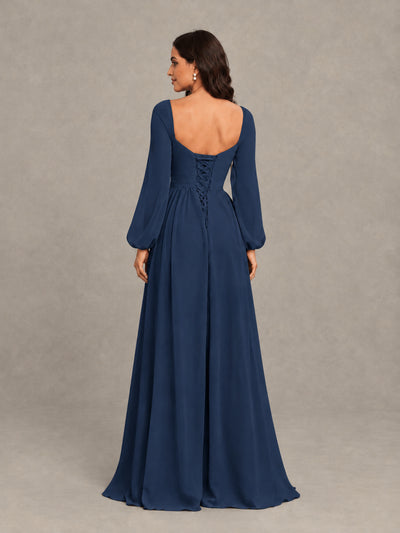 BOLODOO Navy Blue Long Sleeve Chiffon Bridesmaid Dress with Slit - Navy Blue - Navy Blue (2)