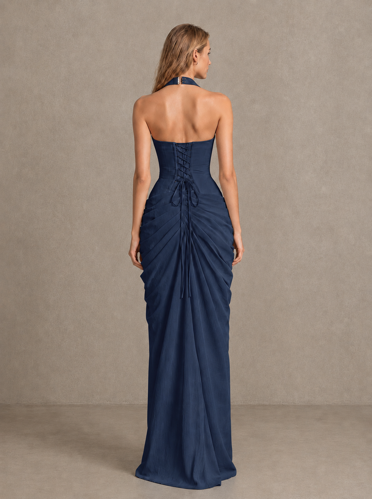 BOLODOO Navy Blue Halter Neck Ruched Maxi Dress with High Slit - Navy Blue