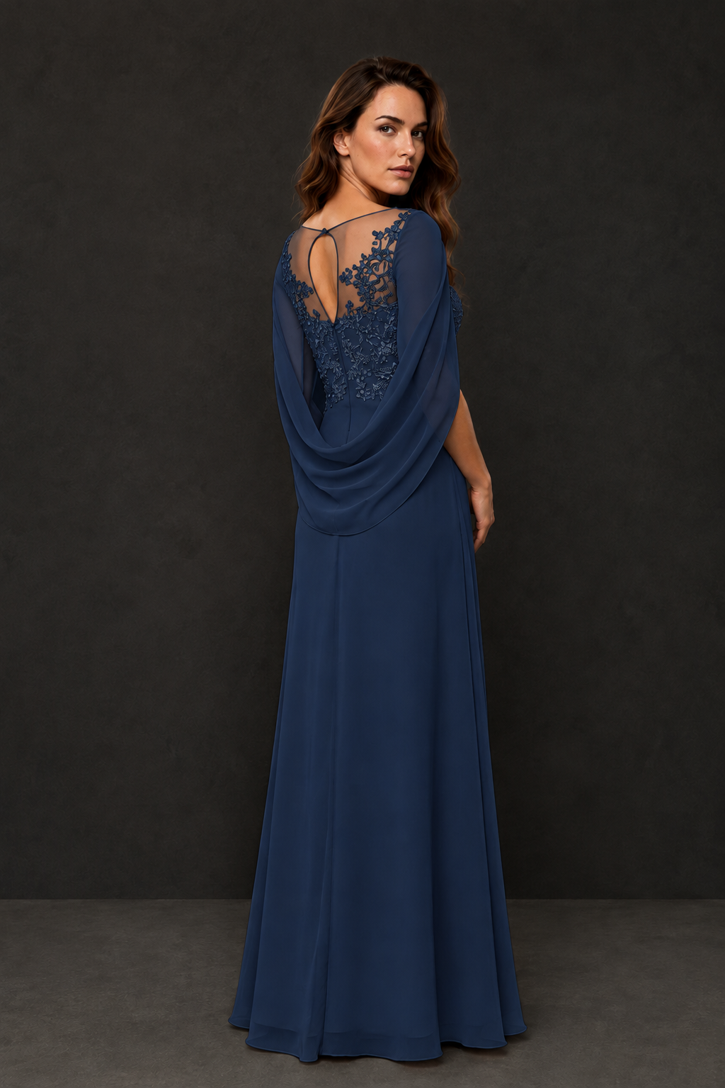 BOLODOO Navy Blue Illusion Lace One-Side Cape Sleeve Beaded Chiffon Floor Length Gown | Mother of the Bride Evening Dress - Navy Blue