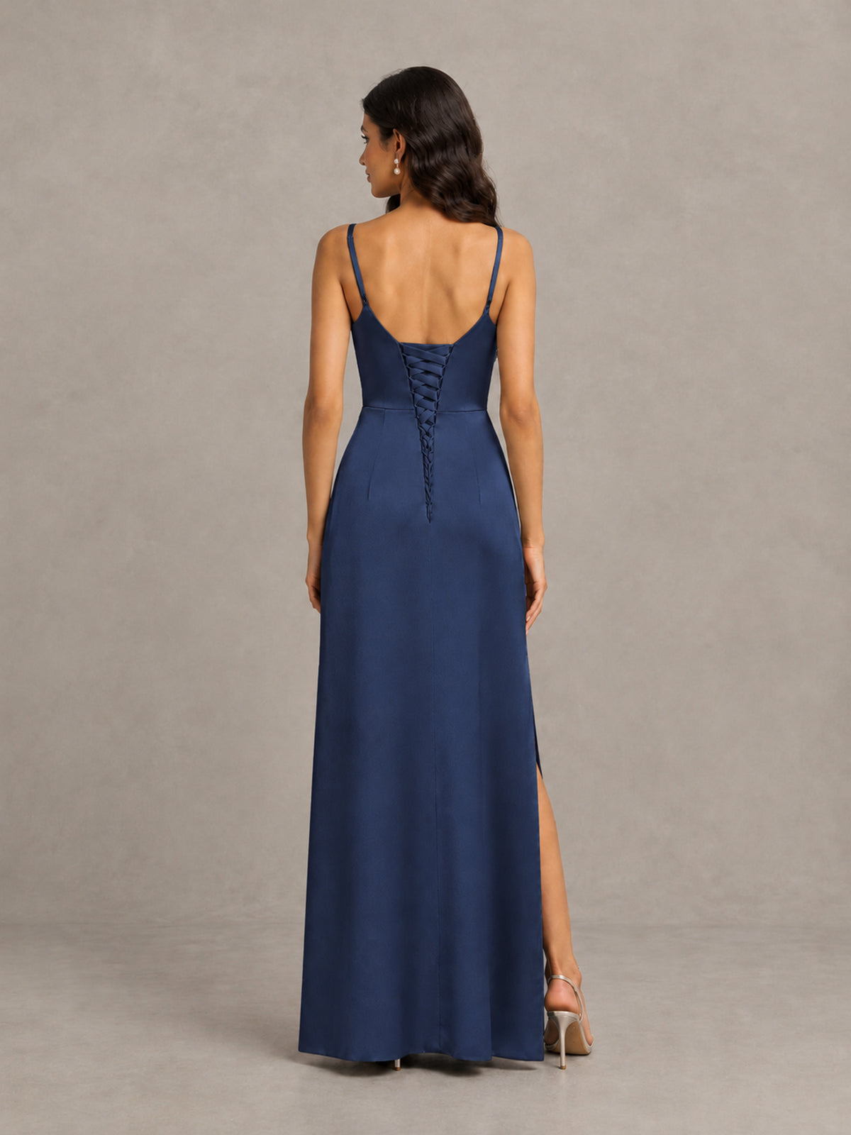 BOLODOO Navy Blue Cowl Neck Satin Bridesmaid Dress with Slit - Navy Blue - Navy Blue (2)