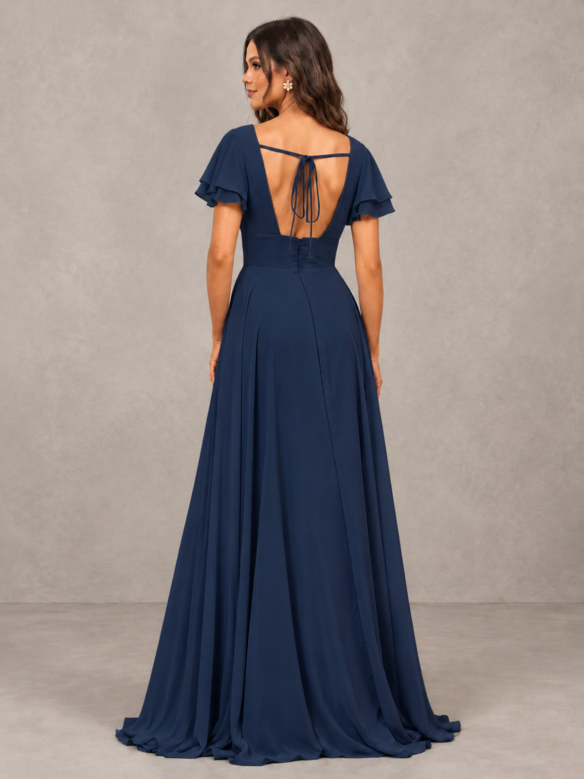 BOLODOO Navy Blue Flutter Sleeve Chiffon A-Line Maxi Bridesmaid Dress with Open Back & Slit - Navy Blue - Navy Blue (2)