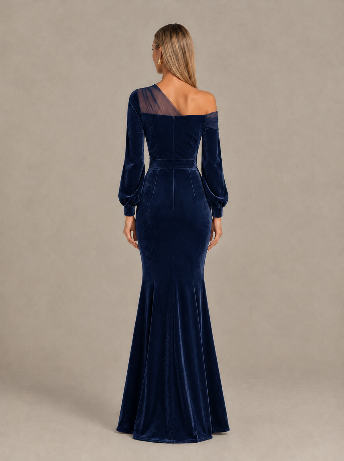 BOLODOO Navy Blue Velvet Mermaid Evening Dress with Long Sleeves - Navy Blue - Navy Blue (2)