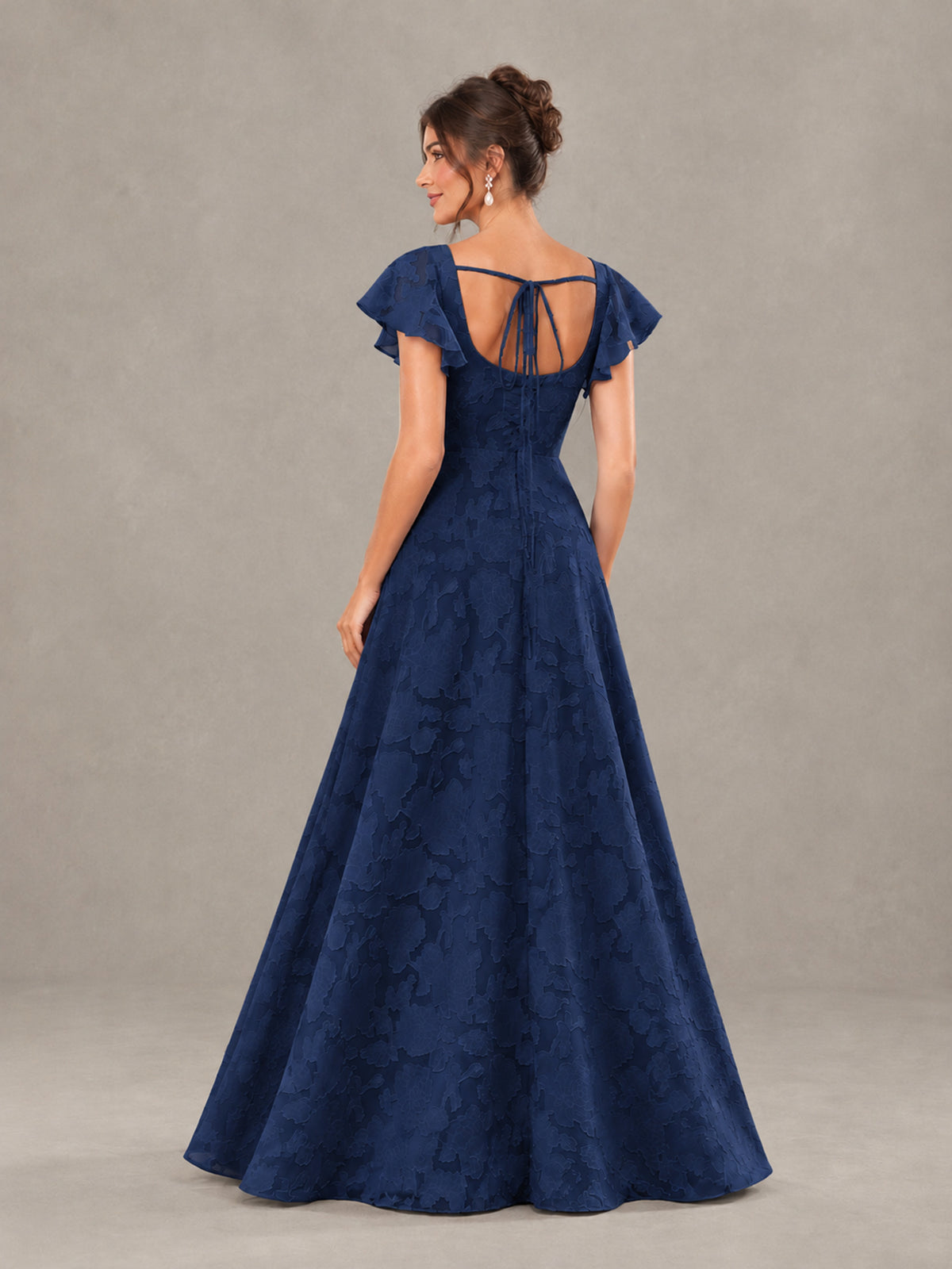 BOLODOO Navy Blue Floral Flutter Sleeve Bridesmaid Dress with Slit - Navy Blue - Navy Blue (2)