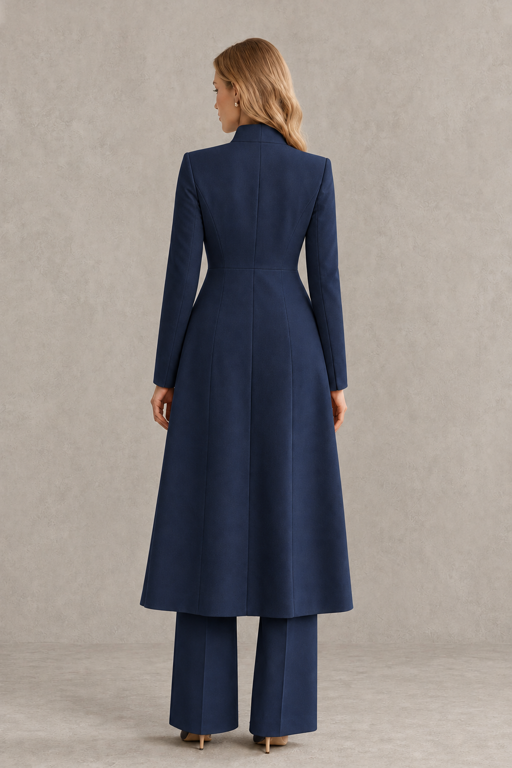 BOLODOO Navy Blue Longline Jacket Wide-Leg Formal Pantsuit - Navy Blue