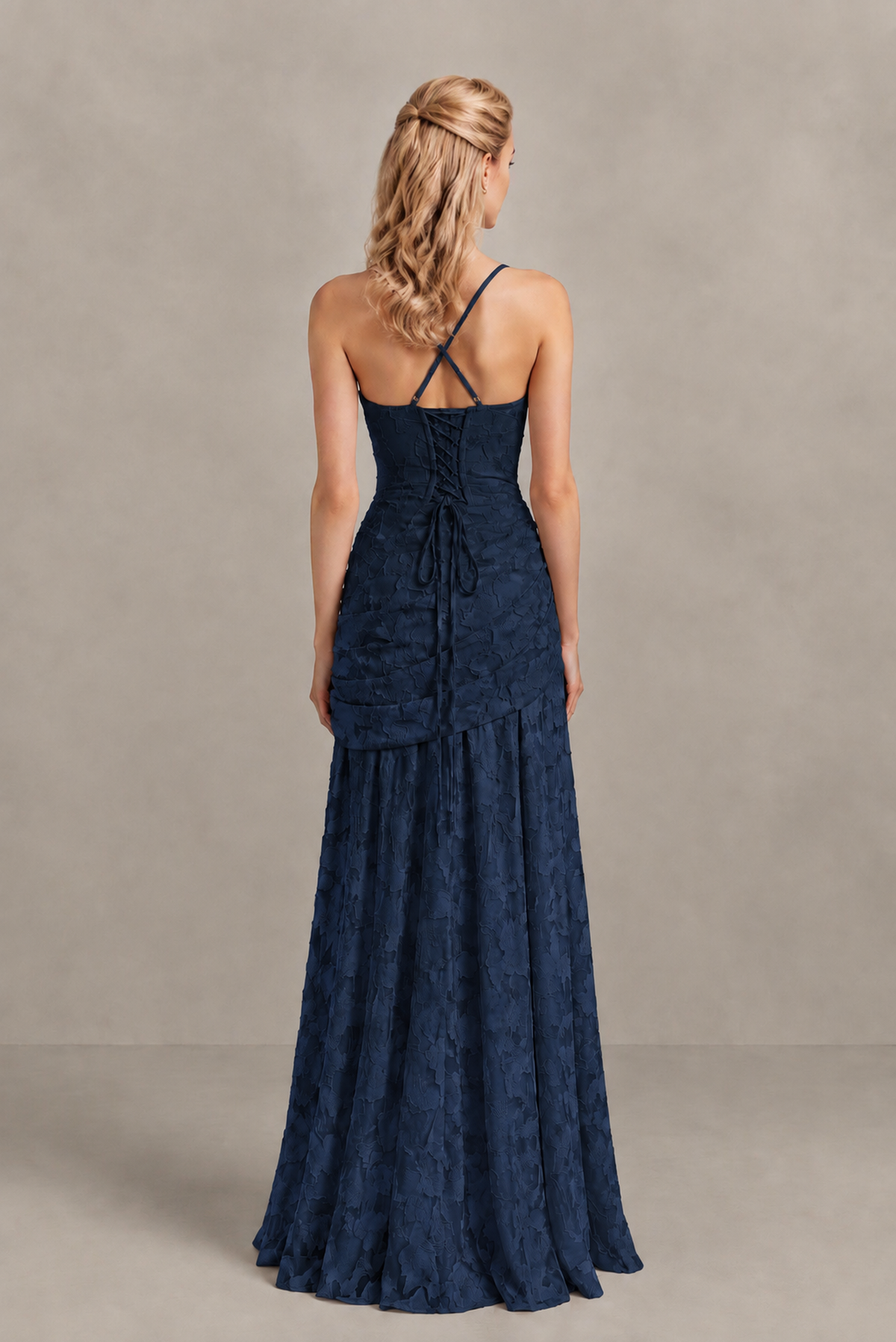 BOLODOO Navy Blue Ruched Floral Maxi Dress with Lace-Up Back - Navy Blue
