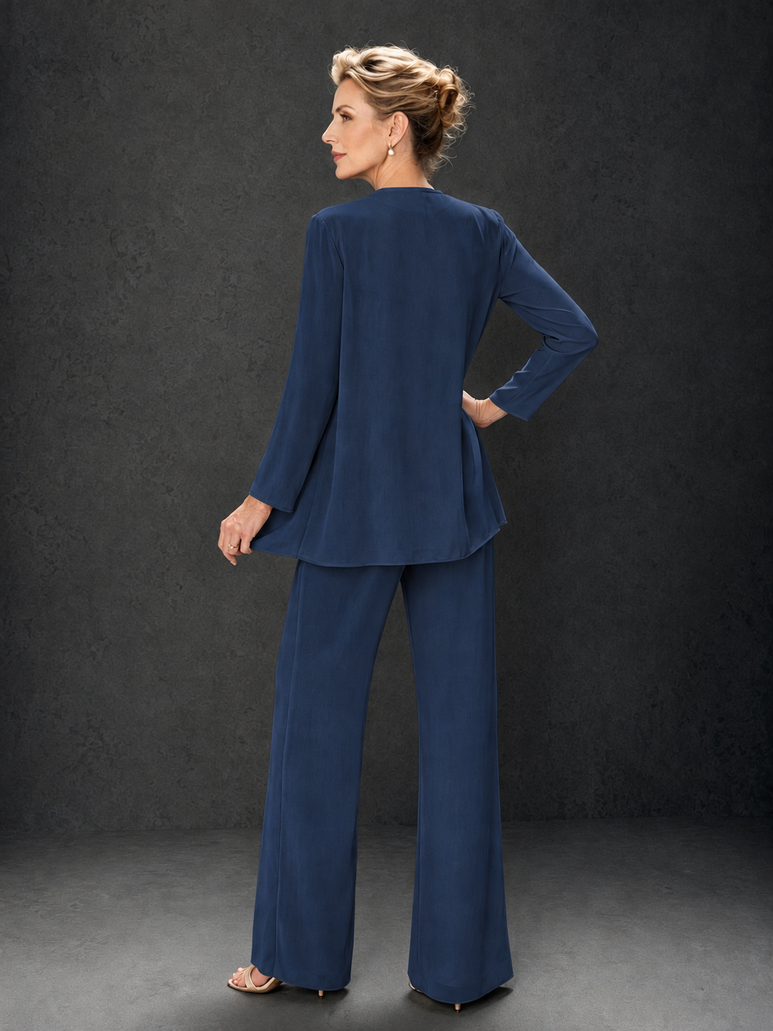 BOLODOO Navy Blue 3-Piece Mother of the Bride Pant Suit with Beaded Top & Chiffon Jacket - Navy Blue