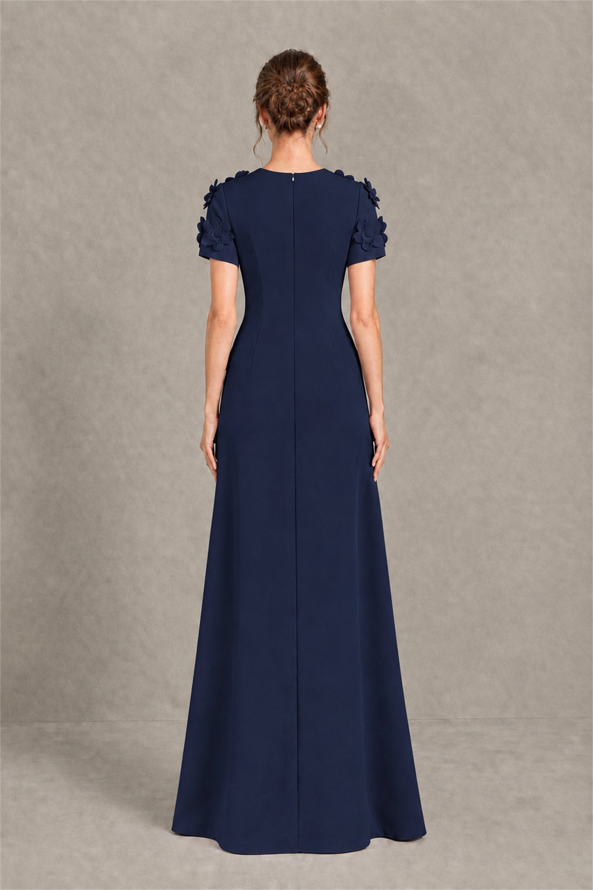 BOLODOO Navy Blue Textured Floral Maxi Dress with Short Sleeves - Navy Blue
