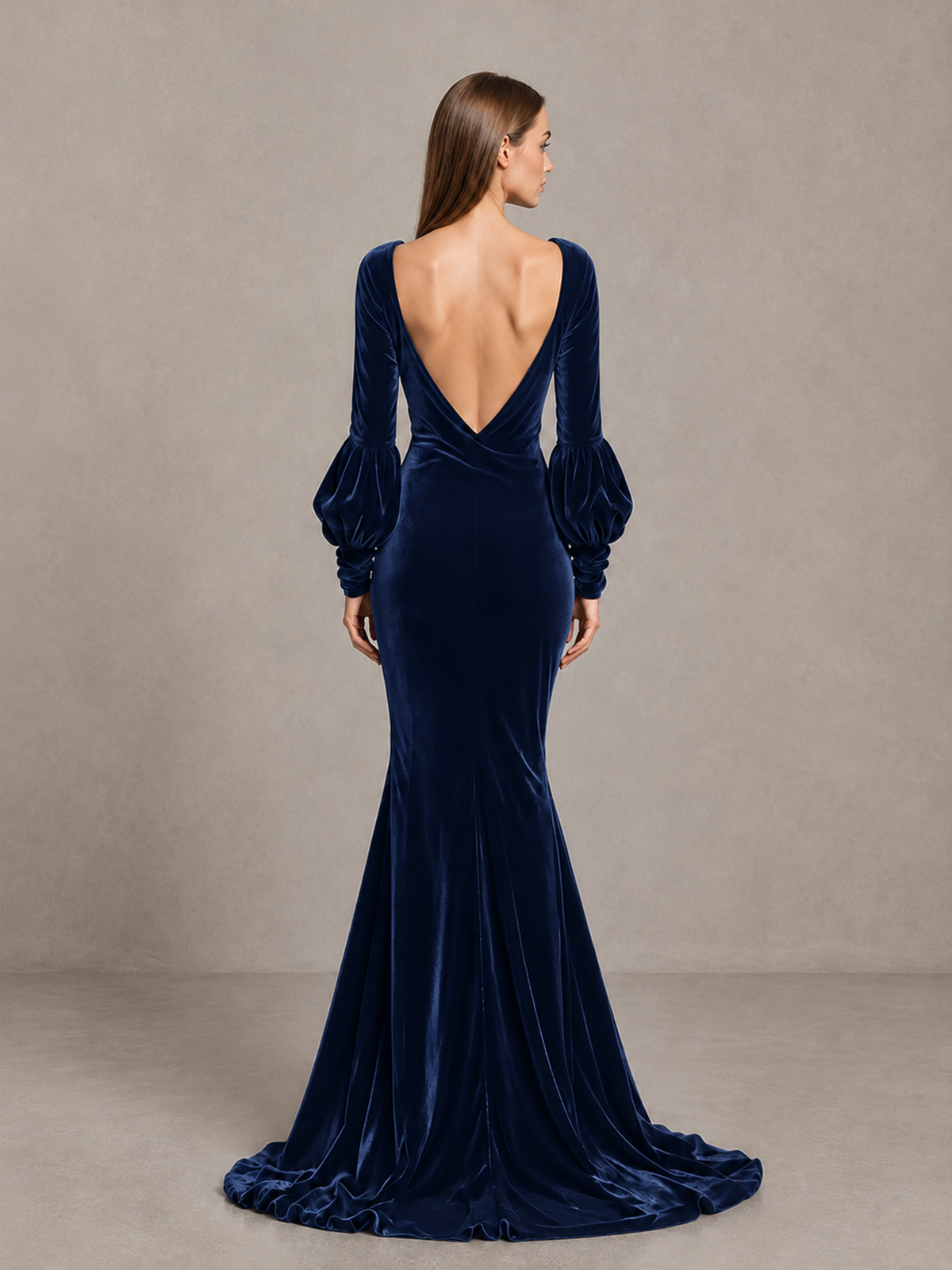 BOLODOO Navy Blue Velvet V-Neck Long Sleeve Open Back Mermaid Evening Gown - Navy Blue - Navy Blue (2)
