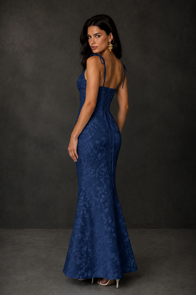 BOLODOO Navy Blue Scoop Neck Tie Strap Lace-Up Back Floral Jacquard Mermaid Maxi Dress - Navy Blue