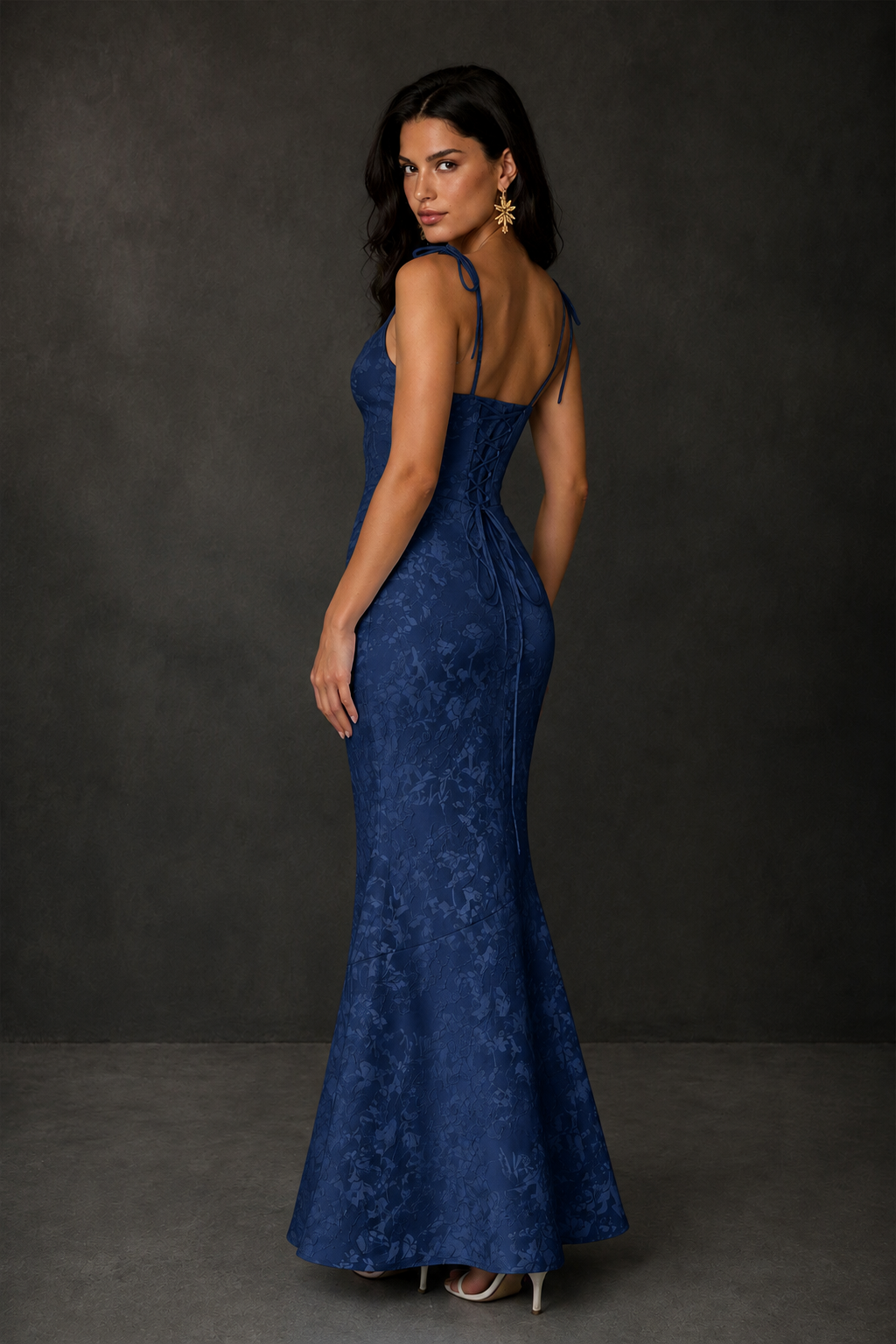 BOLODOO Navy Blue Scoop Neck Tie Strap Lace-Up Back Floral Jacquard Mermaid Maxi Dress - Navy Blue