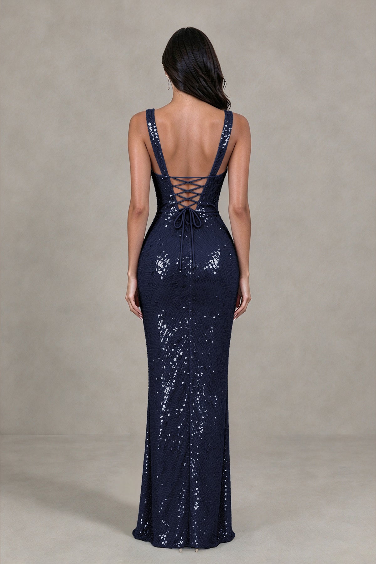 BOLODOO Navy Blue Sequin Deep V-Neck Lace-Up Back High-Slit Evening Dress - Navy Blue - Navy Blue (2)