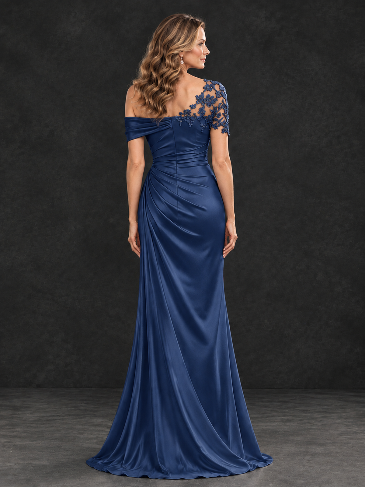 BOLODOO Navy Blue Asymmetric Satin Mother of the Bride Dress with Lace Sleeve - Navy Blue - Navy Blue (2)
