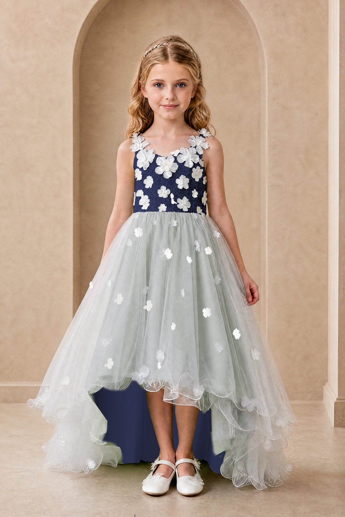 BOLODOO Navy Blue Flower Girl Dress with Floral Appliqué and High-Low Tulle Skirt - Navy Blue