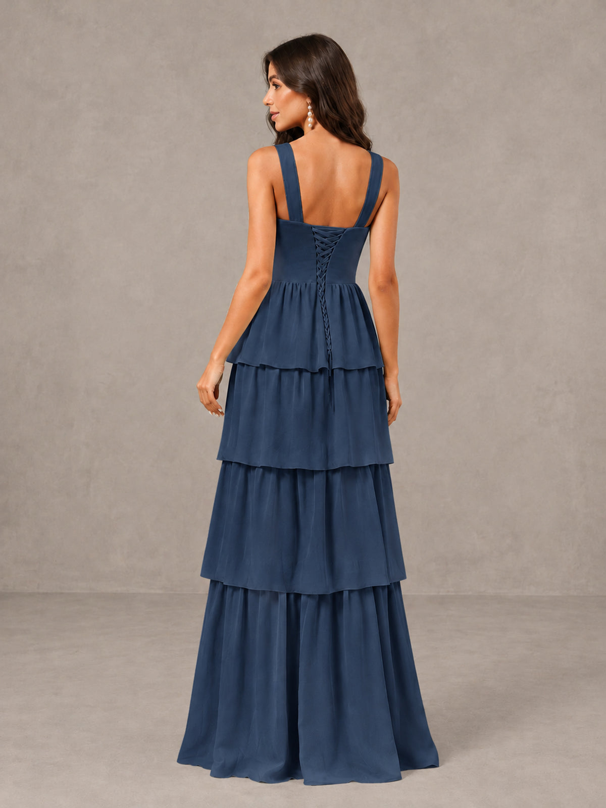 BOLODOO Navy Blue Square Neck Tiered Bridesmaid Dress with Slit - Navy Blue - Navy Blue (2)